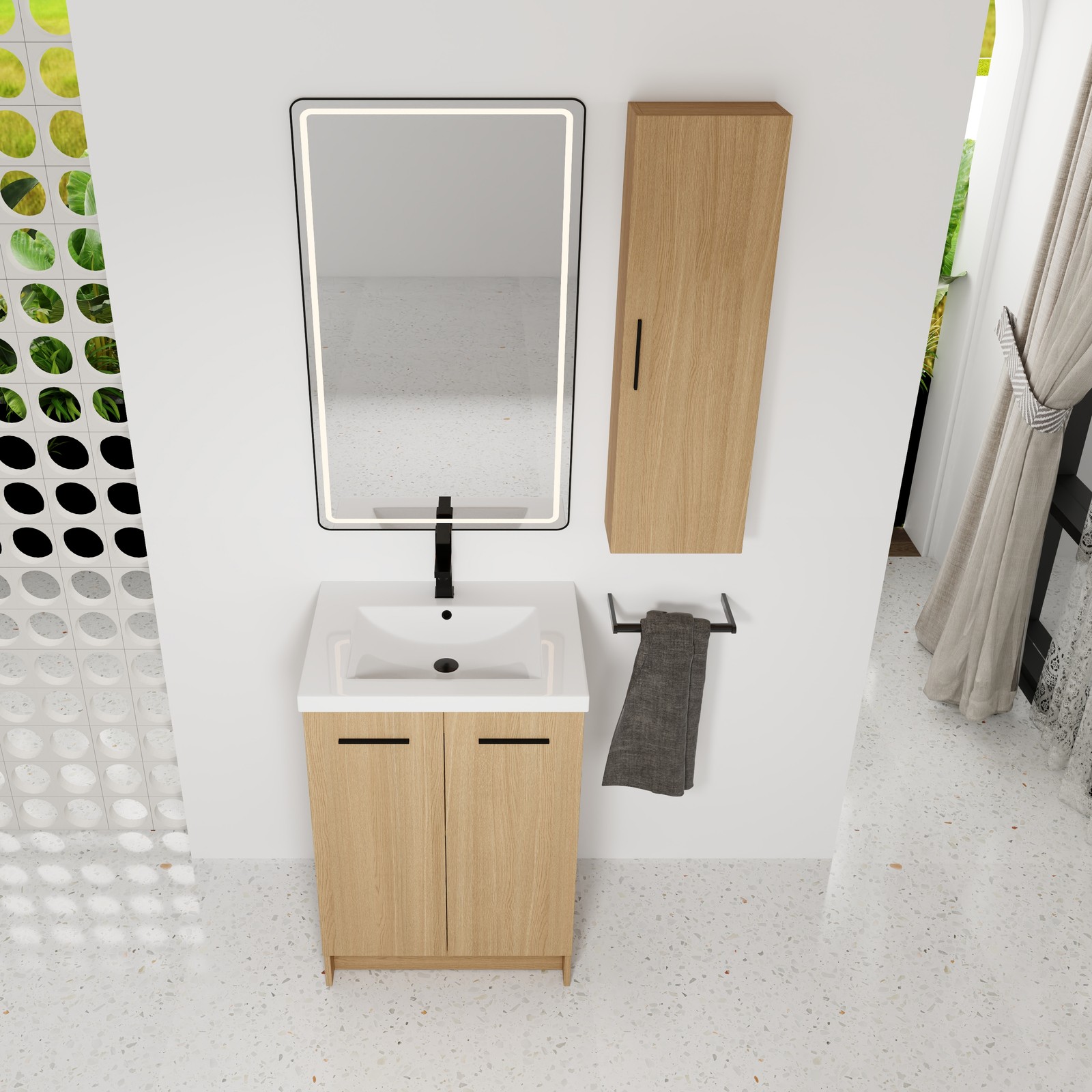 24″ Freestanding Bathroom Vanity Set with Tall Linen Cabinet, Light Oak