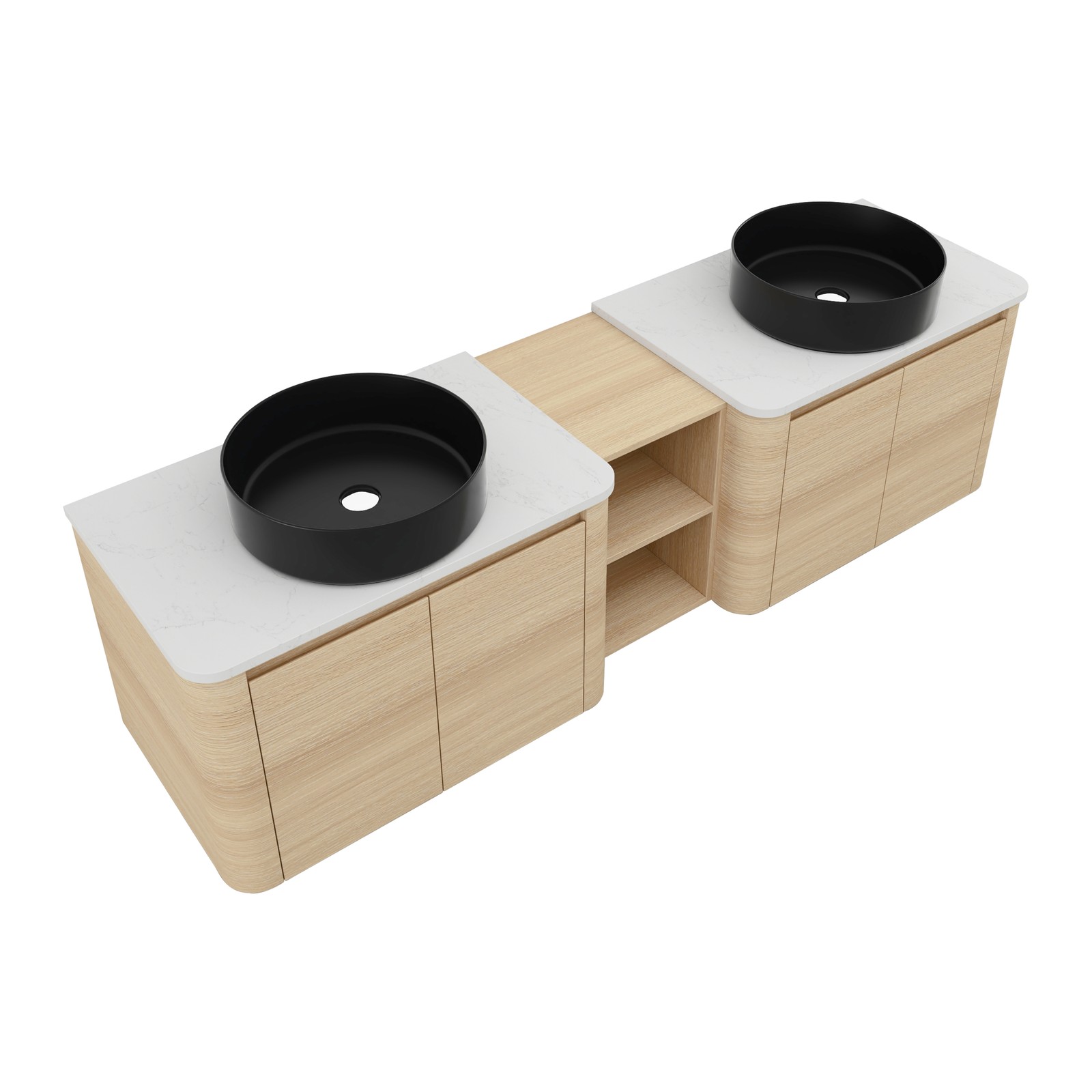 72″ Floating Bathroom Vanity W/ 2 Black Ceramic Sink Stone Slab Top+Open Shelves