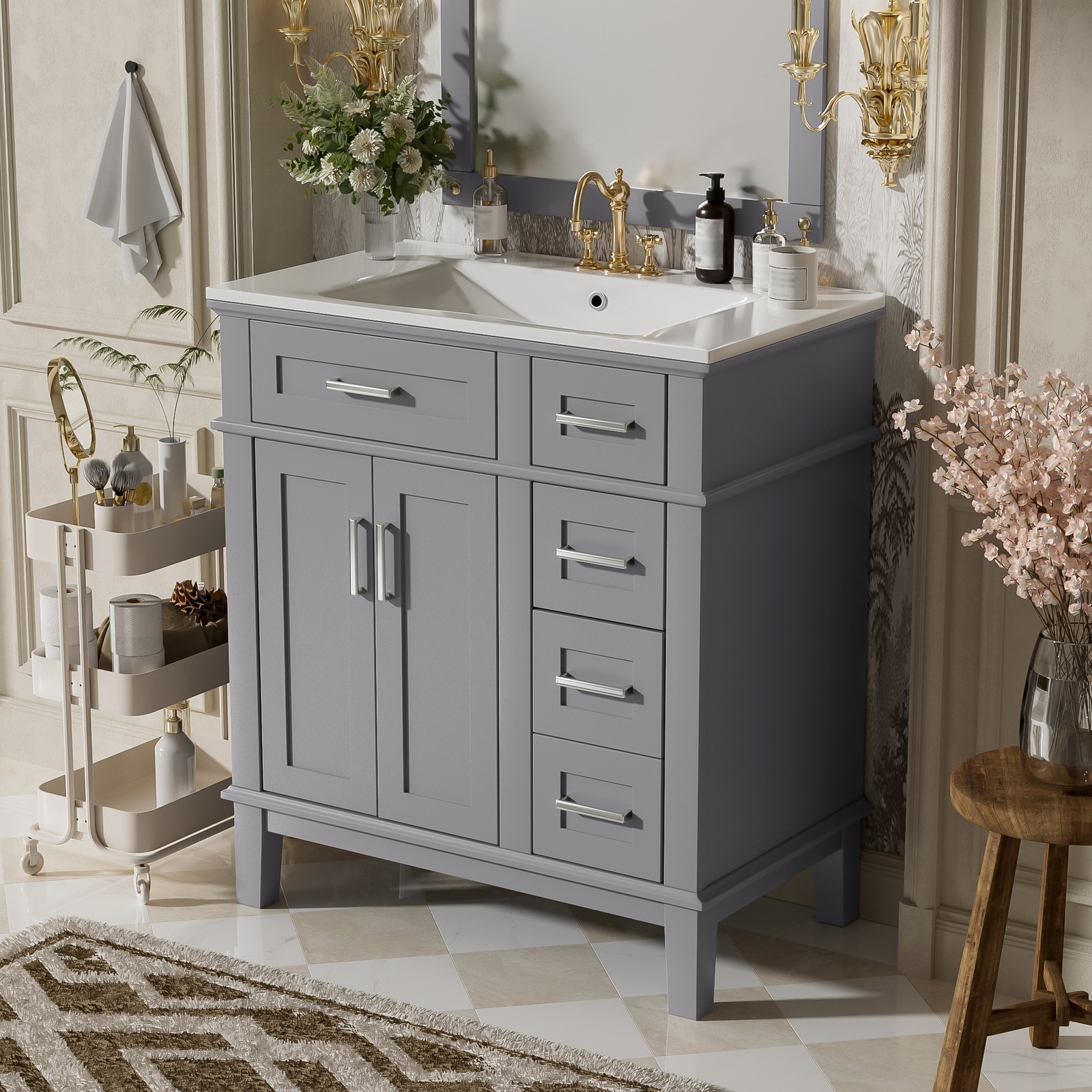 30″ Bathroom Vanity w/Ceramic Sink, Modern Storage Cabinet w/Soft-Close Doors