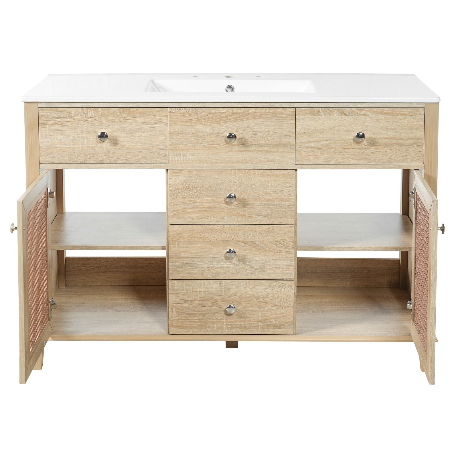 Natural Rattan Bathroom Vanity 48″/2 Cabinets/Sink & Solid Wood Frame Fre Ship