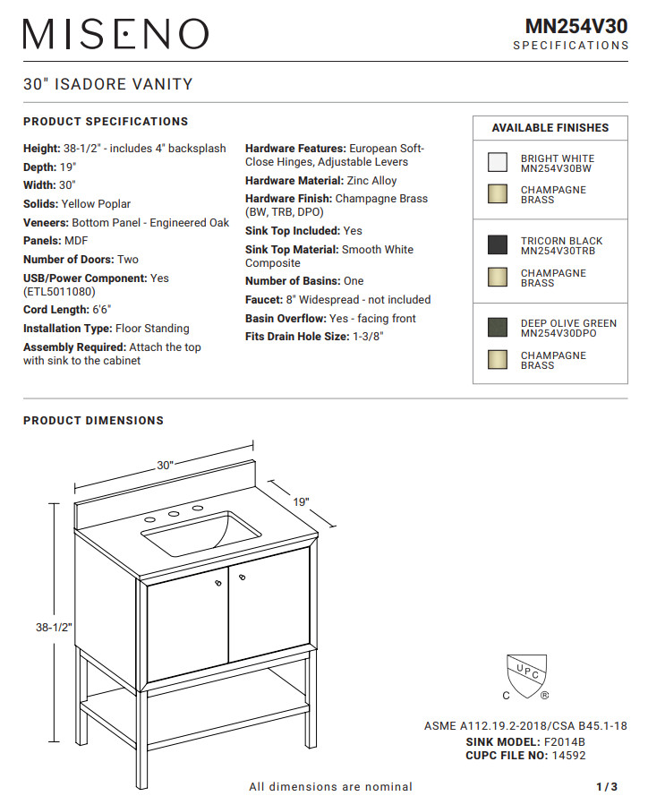 Miseno MV-N254-V30 Isadore 30″ Free Standing 1 Basin Vanity Black Light Damage