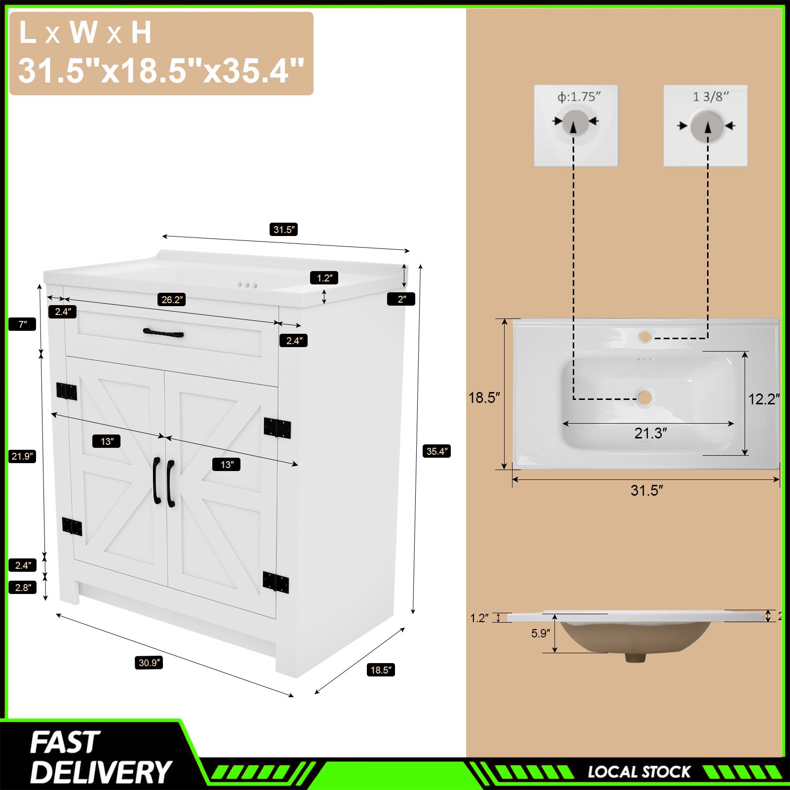 31″ Bathroom Vanity Cabinet with Ceramic Sink Freestanding Storage with Drawer