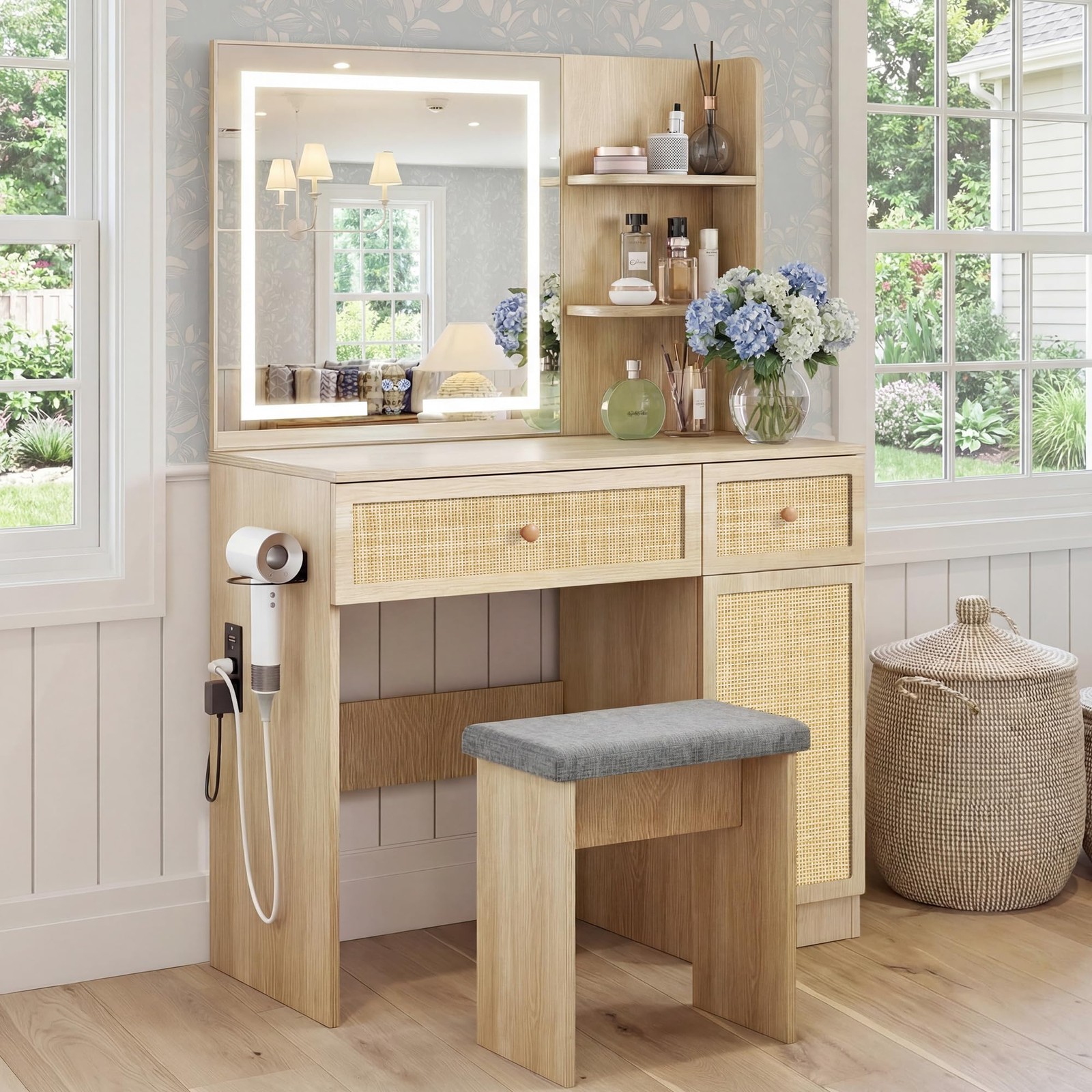 35 Boho Vanity Desk LED Mirror Power Strip Rattan Drawers Storage Shelves Stool