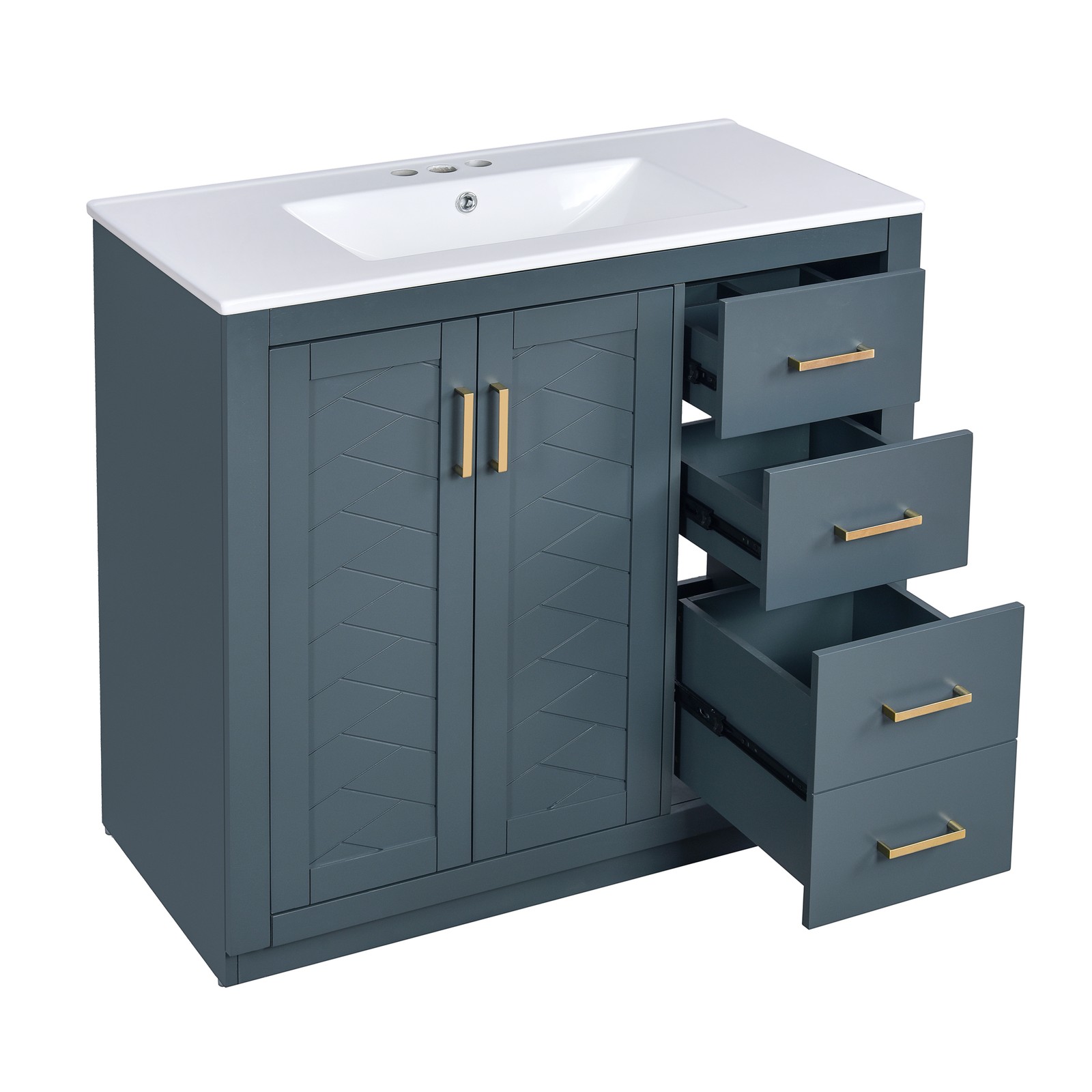 36″ Bathroom Vanity with Ceramic Sink, Solid Wood Frame, 3 Drawers & Doors