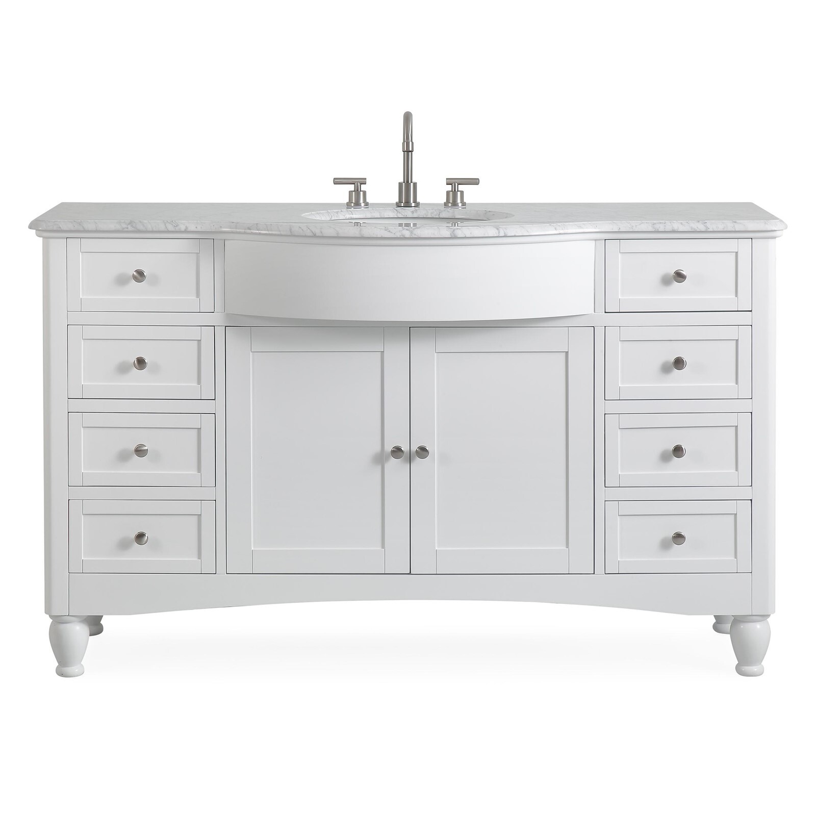 58″ White Curved Front Single Bathroom Sink Vanity Single Bowl Stone Top Cabinet