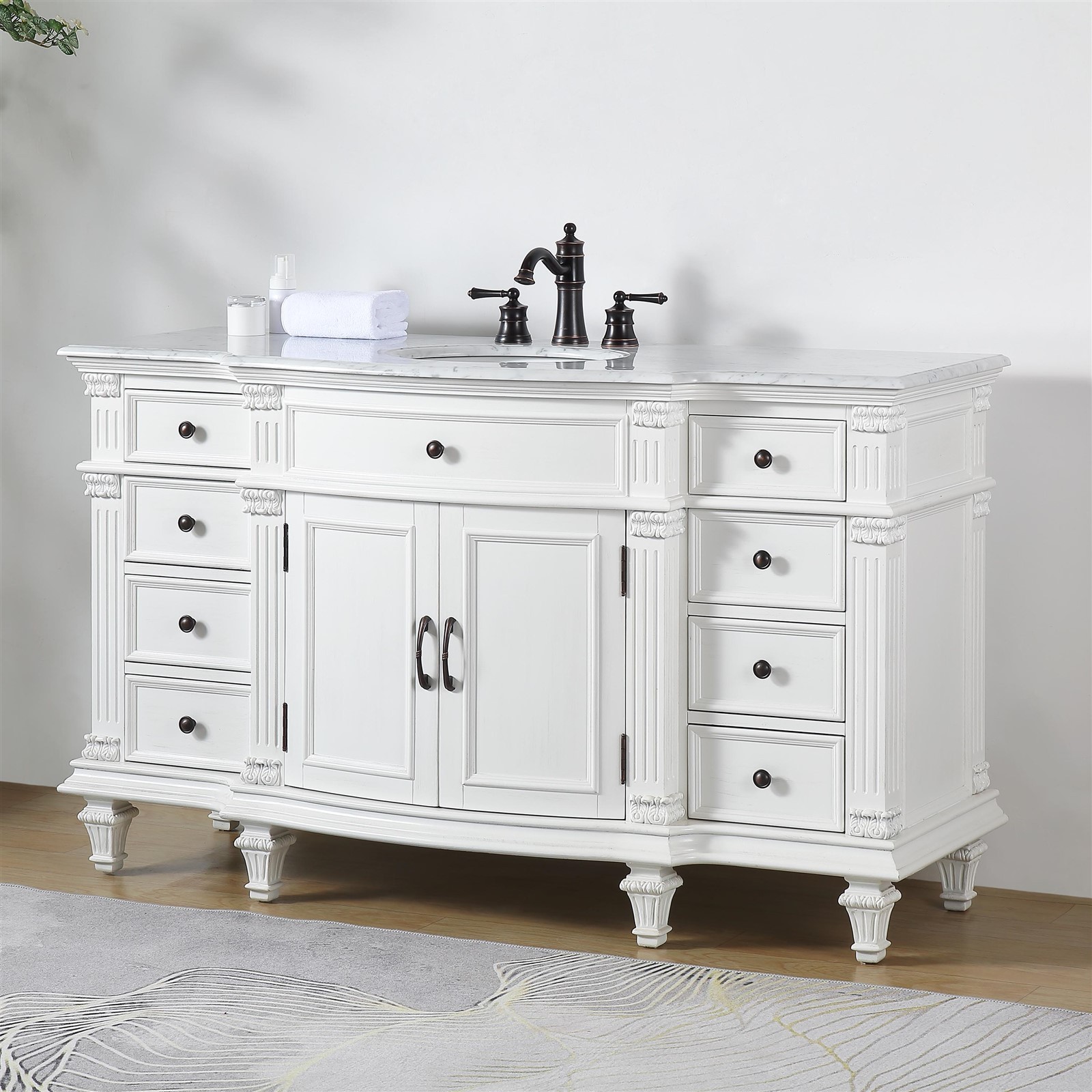 60″ Single Sink Cabinet Carrara White Marble Stone Top White Bathroom Vanity