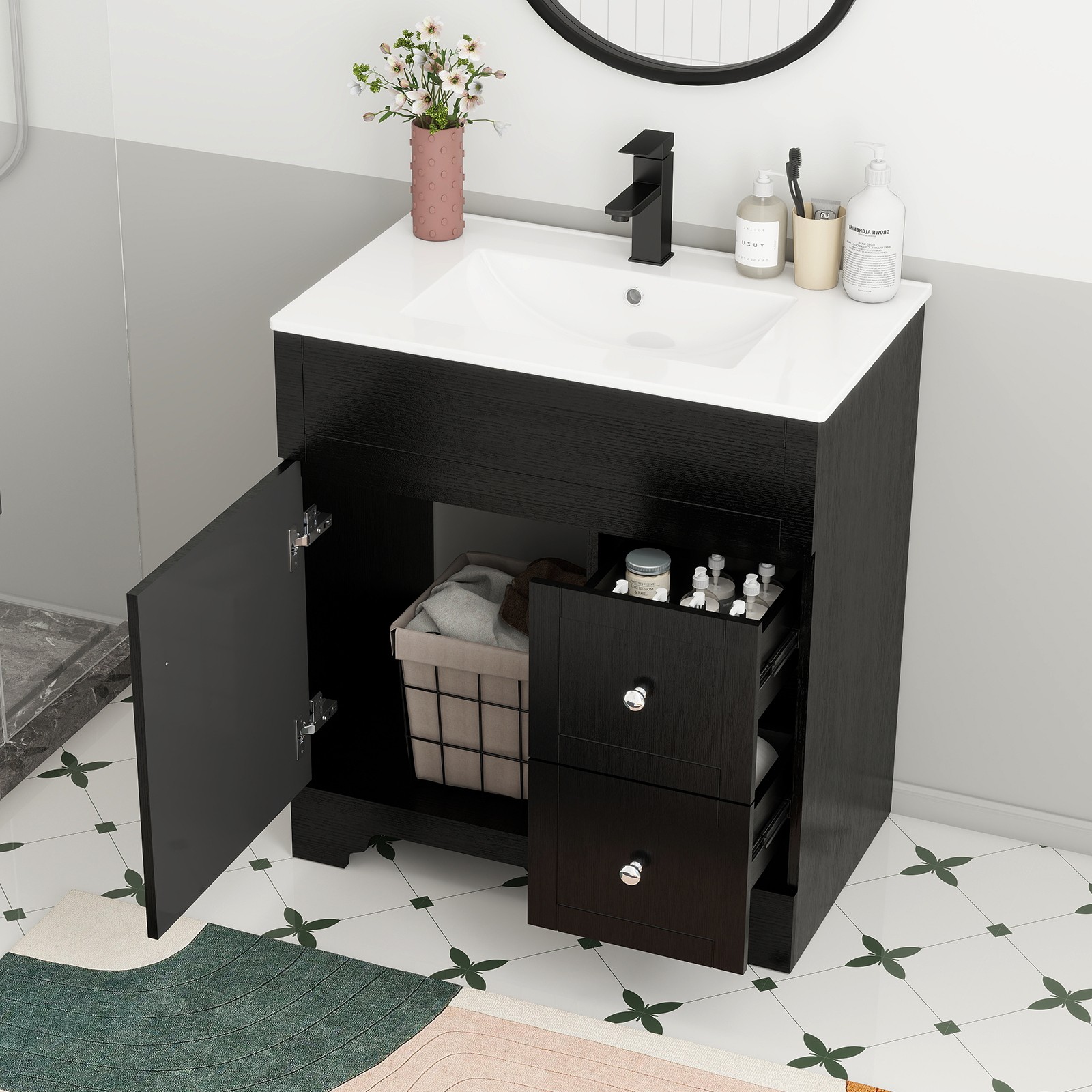 30″ Black Bathroom Vanity Set Freestanding with Ceramic Sink, Drain & Cabinet