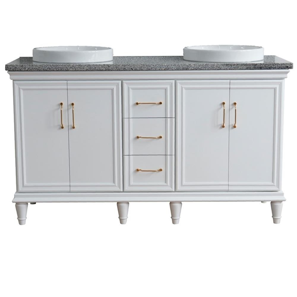 61 in. Double Wooden Vanity White Gray Granite Round Sink