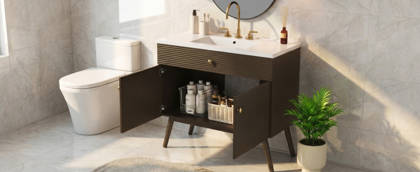 36″ Striped Bathroom Vanity, Soft-Close Dual-Door & Ceramic Sink, Dark Brown