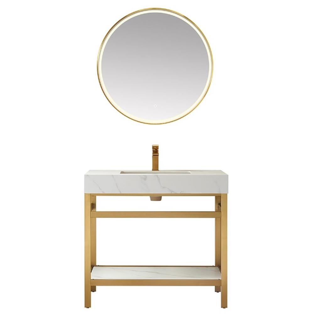 Funes 36″ Single Sink Bathroom Vanity in Brushed Gold Frame White Top w/ Mirror