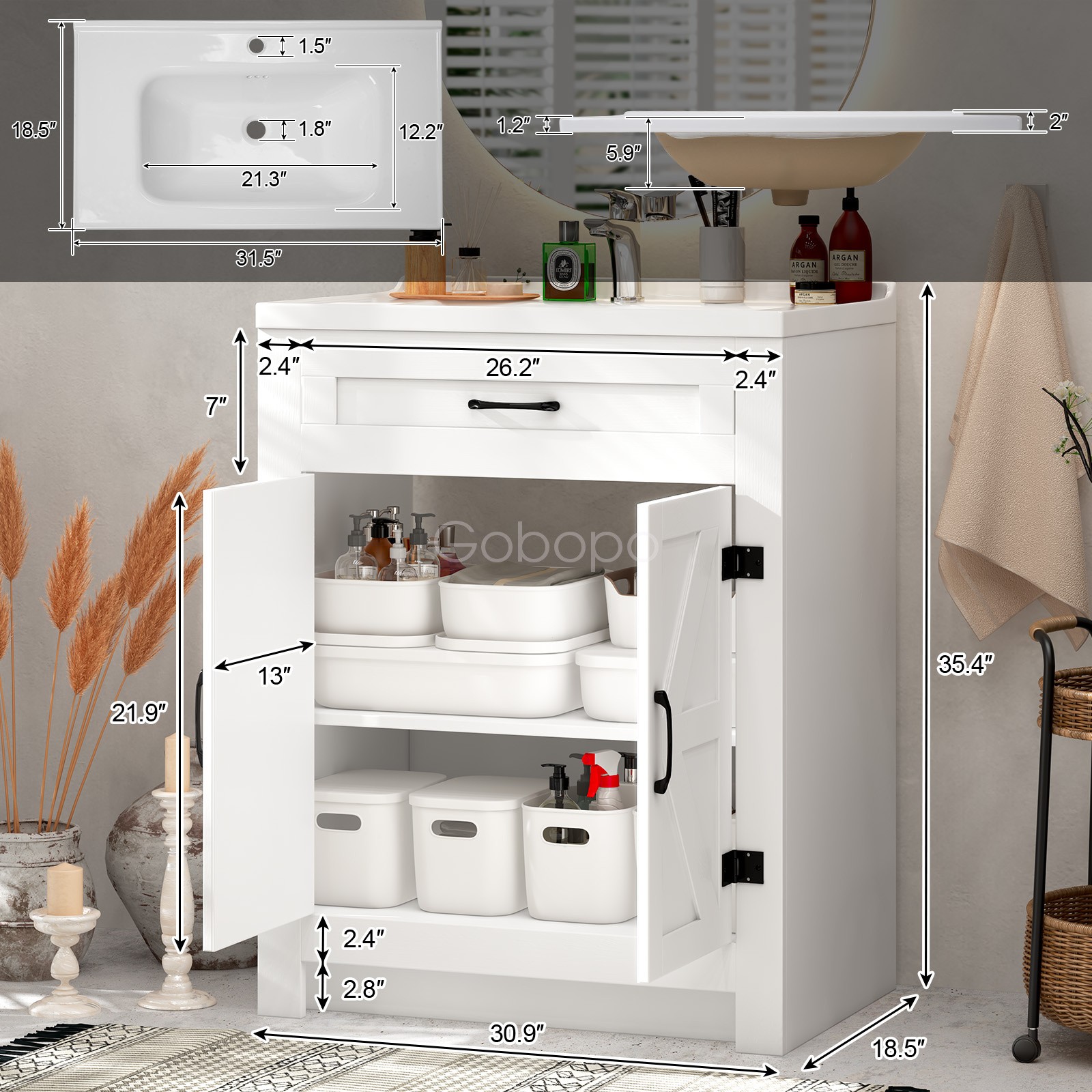 Freestanding Bathroom Vanity w/ Ceramic Sink & Soft-Close Door Storage Cabinet