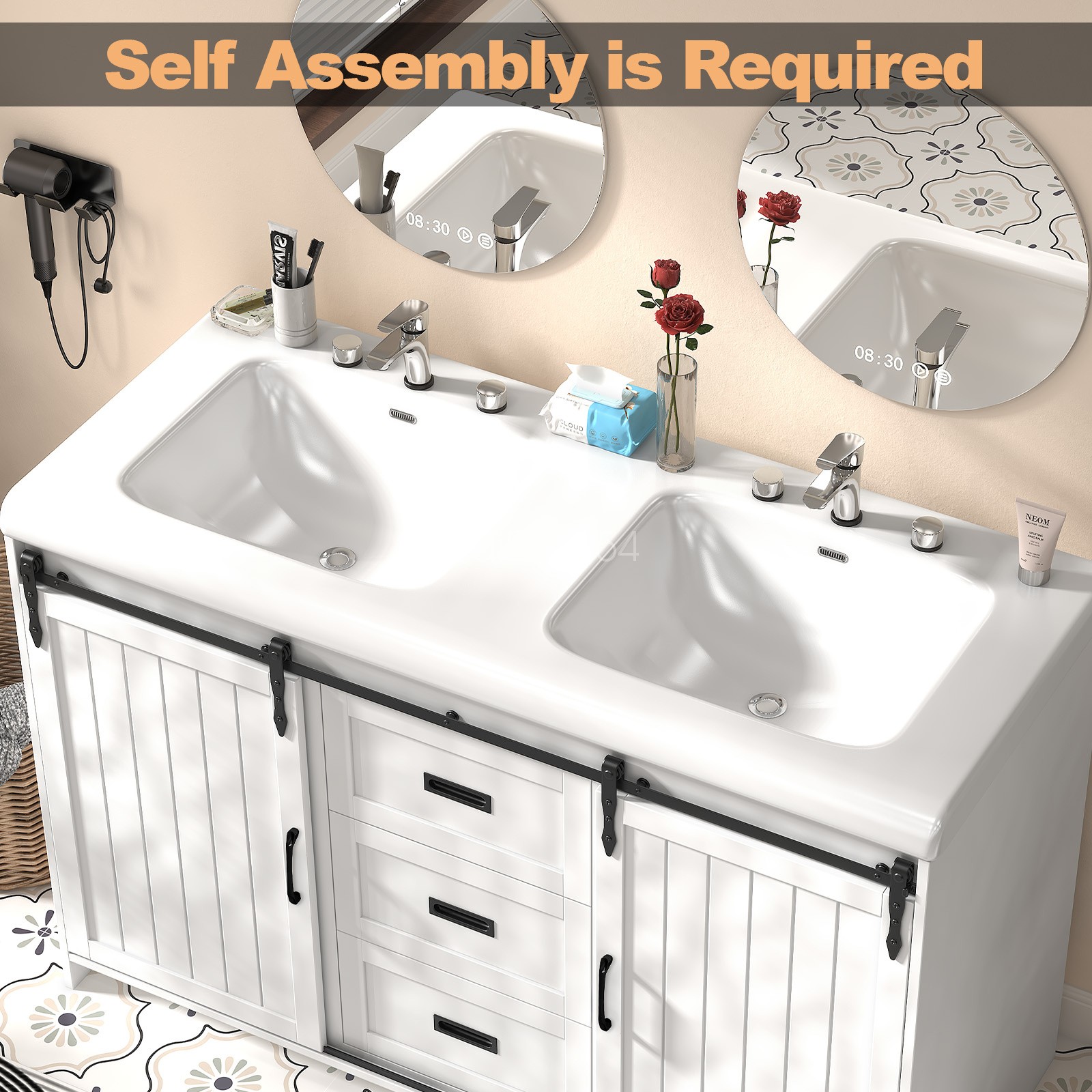 47″ Bathroom Double Sink Vanity Cabinet Ceramic Vessel Double Sink Cabinet White