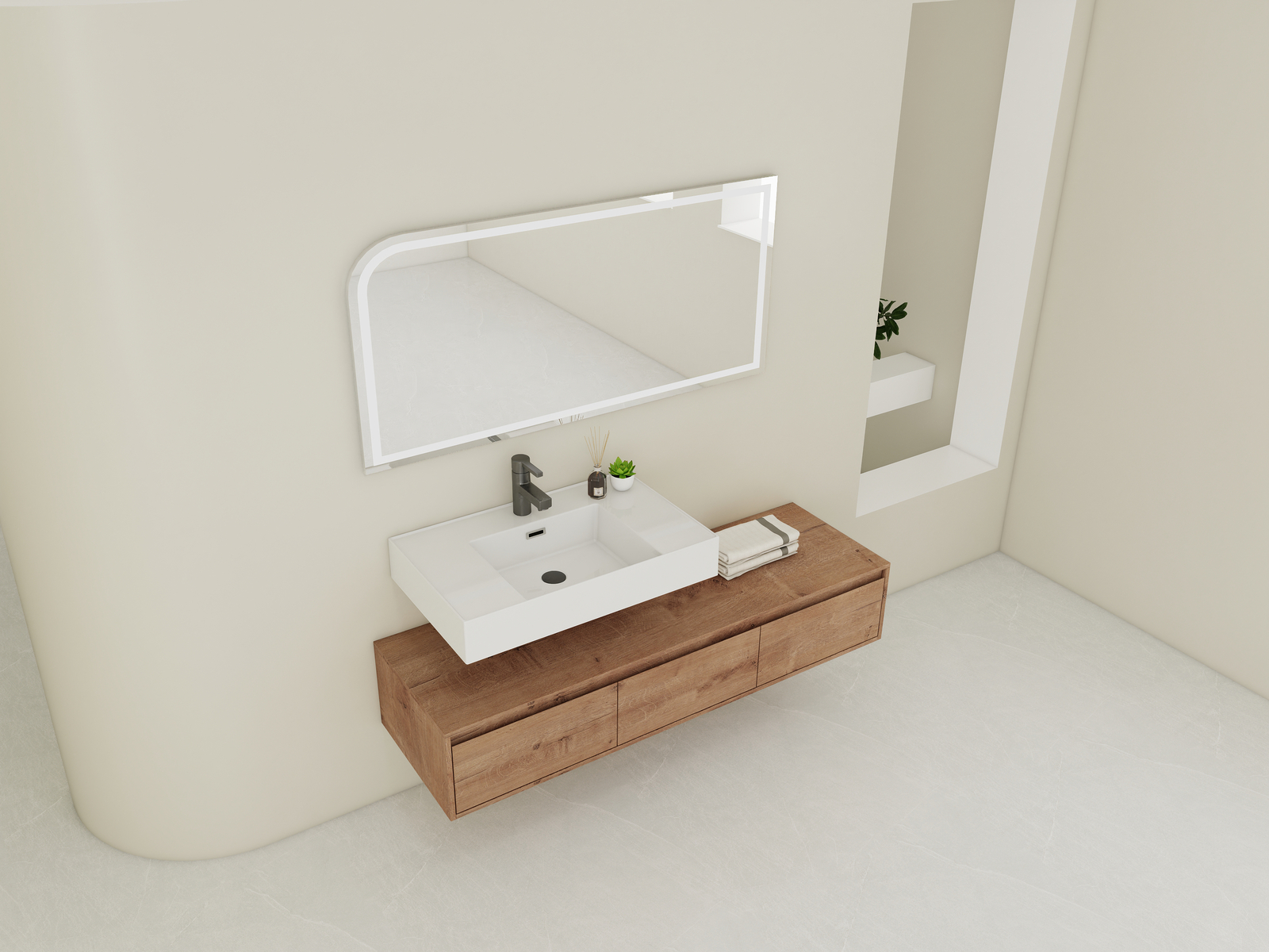60″ Wood Wall Mount Bathroom Vanity Resin Sink Floating Vanity Sink Vessel Sink
