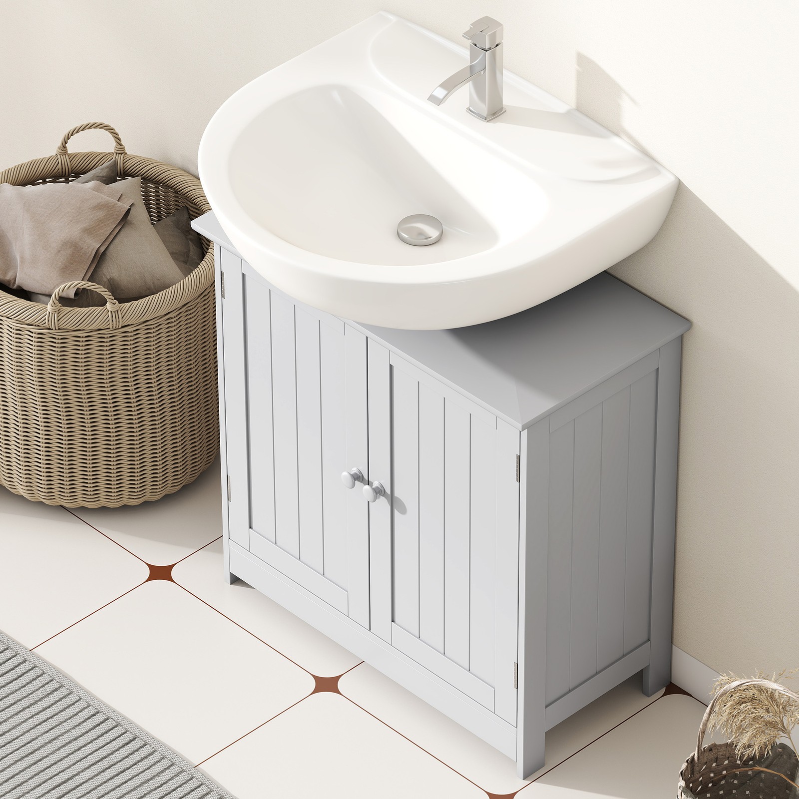 Under Sink Bathroom Cabinet with 2 Doors and Shelf, Light Gray