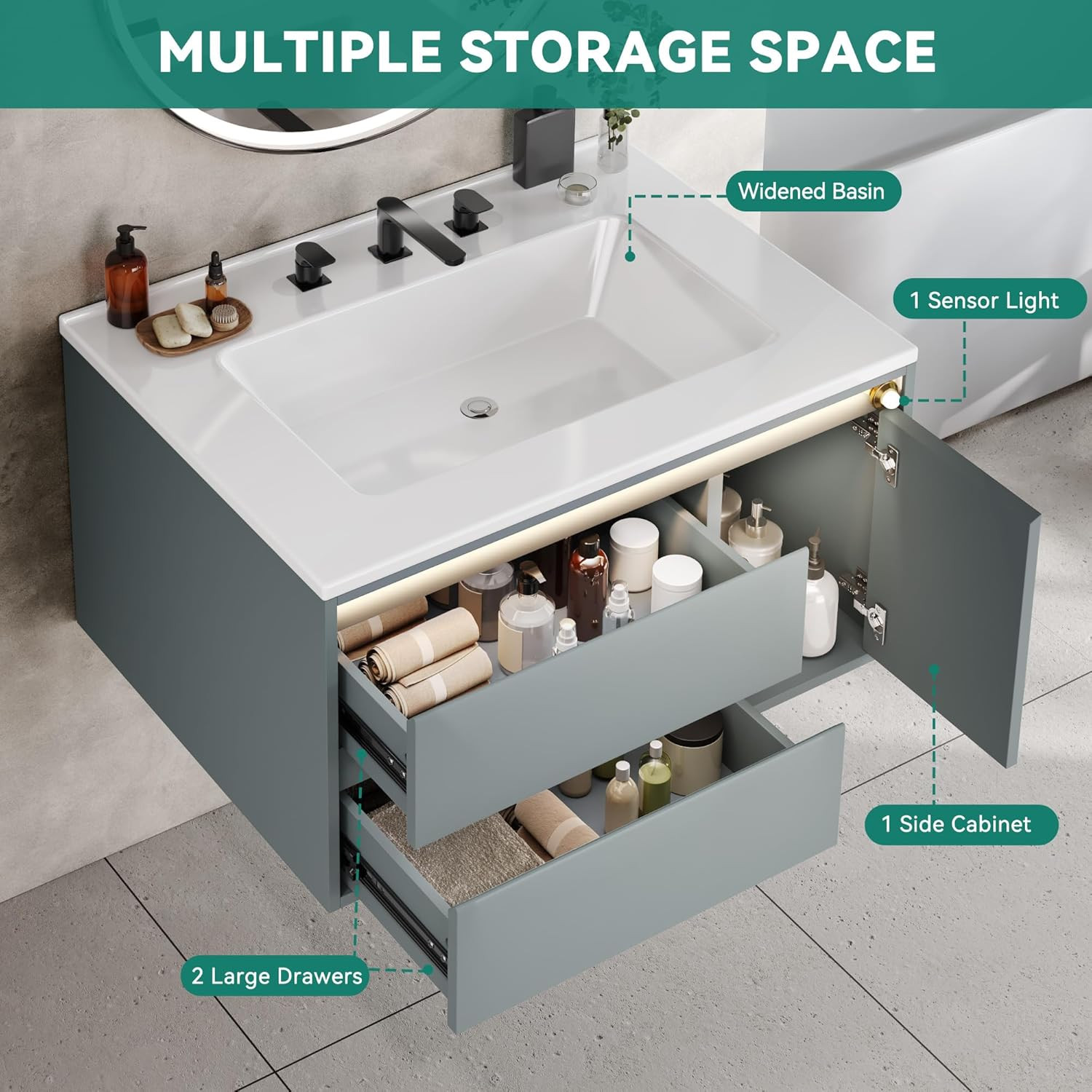 31″ LED Floating Bathroom Vanity with Sink & Sensor Light, 2 Drawers