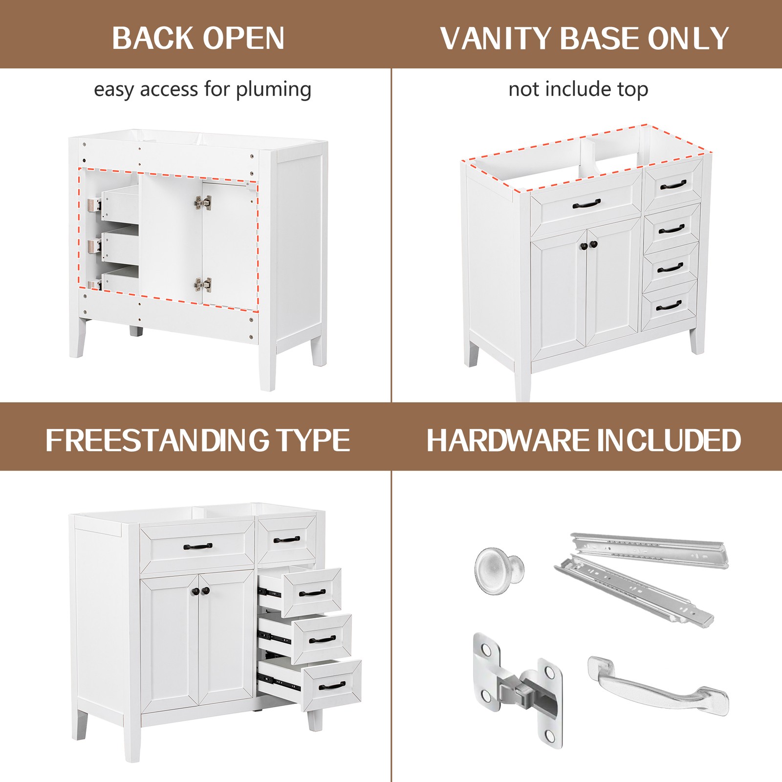 36″ Bathroom Vanity Base Only Cabinet with Drawers White