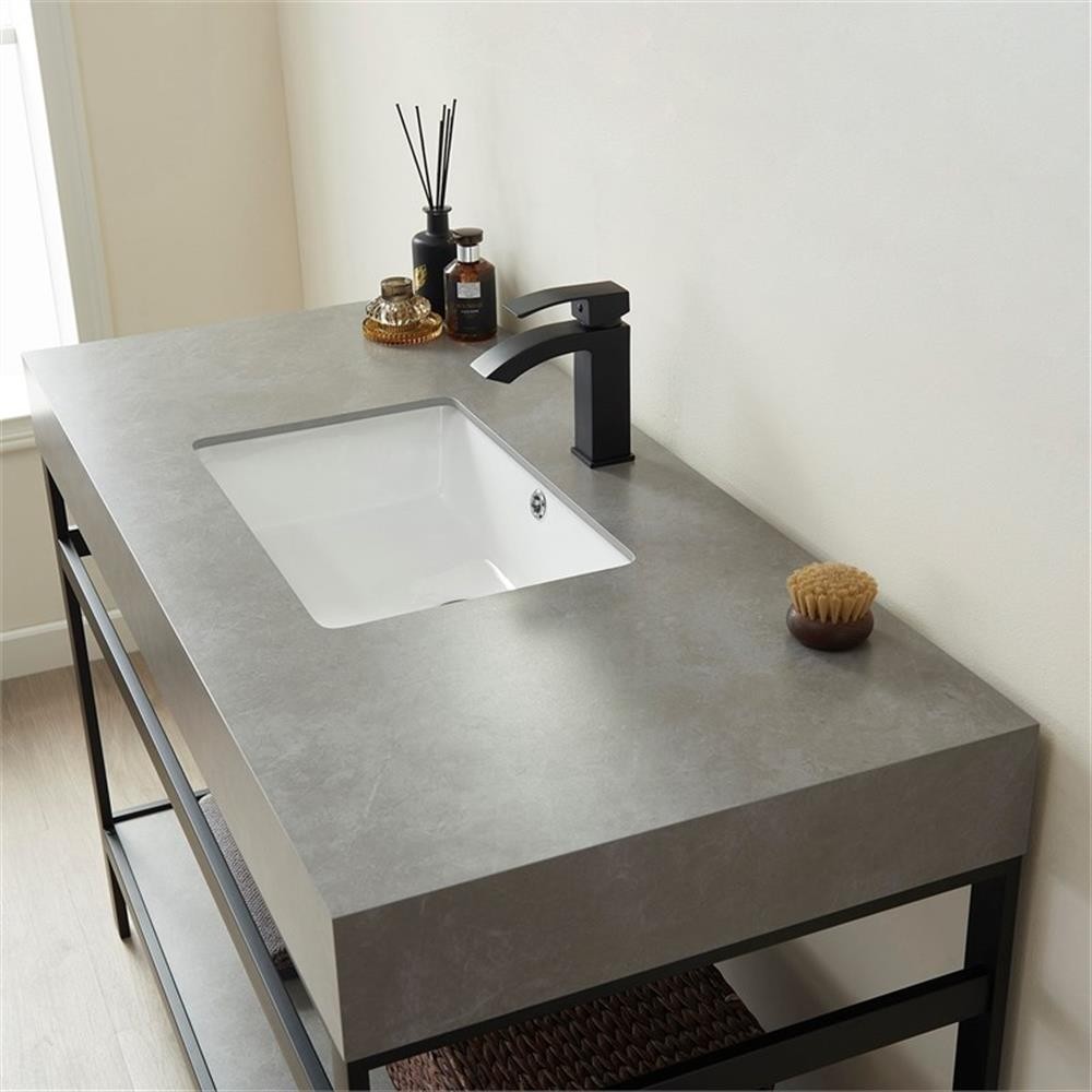 Funes 48″ Single Sink Bathroom Vanity in Matte Black Frame Gray Top No Mirror