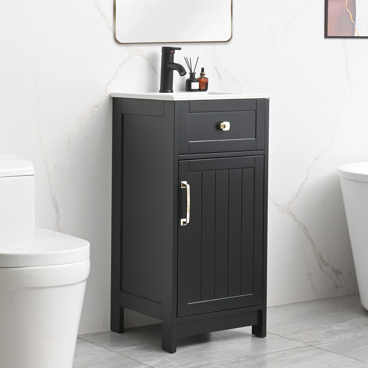 16″ Small Bathroom Vanity with Sink Cabinet Set Ceramic Sink Faucet &Drain Combo