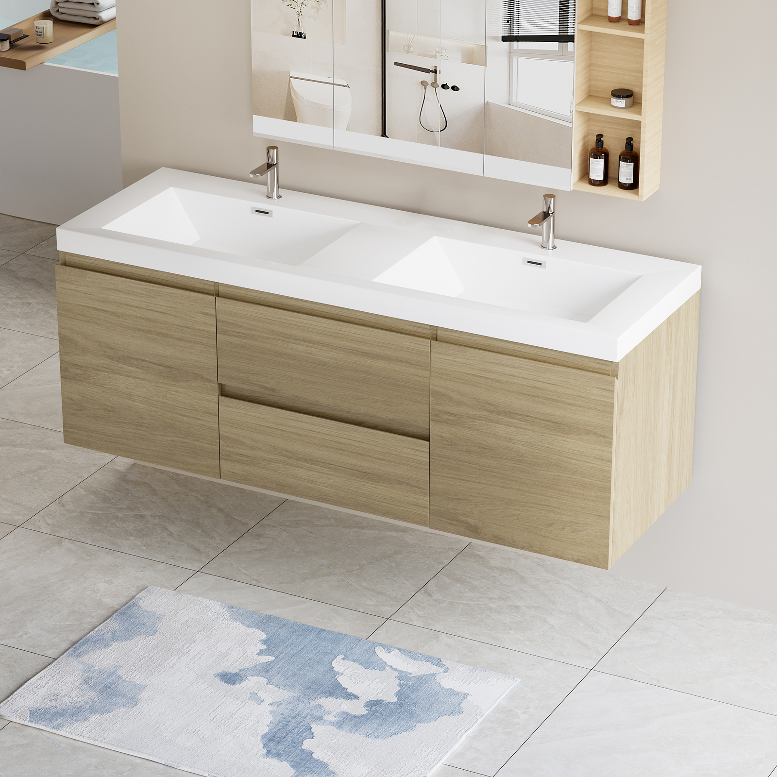 60″ Floating Wall-Mounted Bathroom Vanity 2Drawers Doors Double Resin Basin Sink