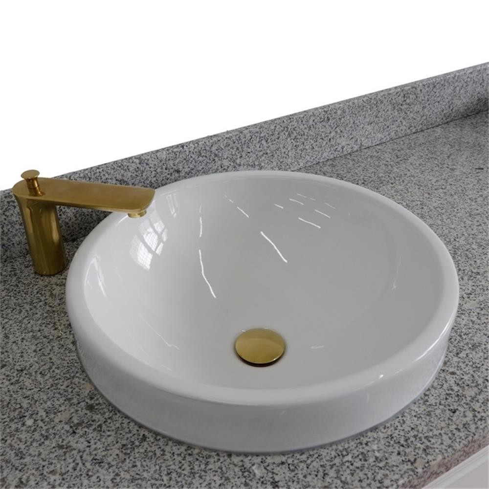 61 in. Double Wooden Vanity White Gray Granite Round Sink