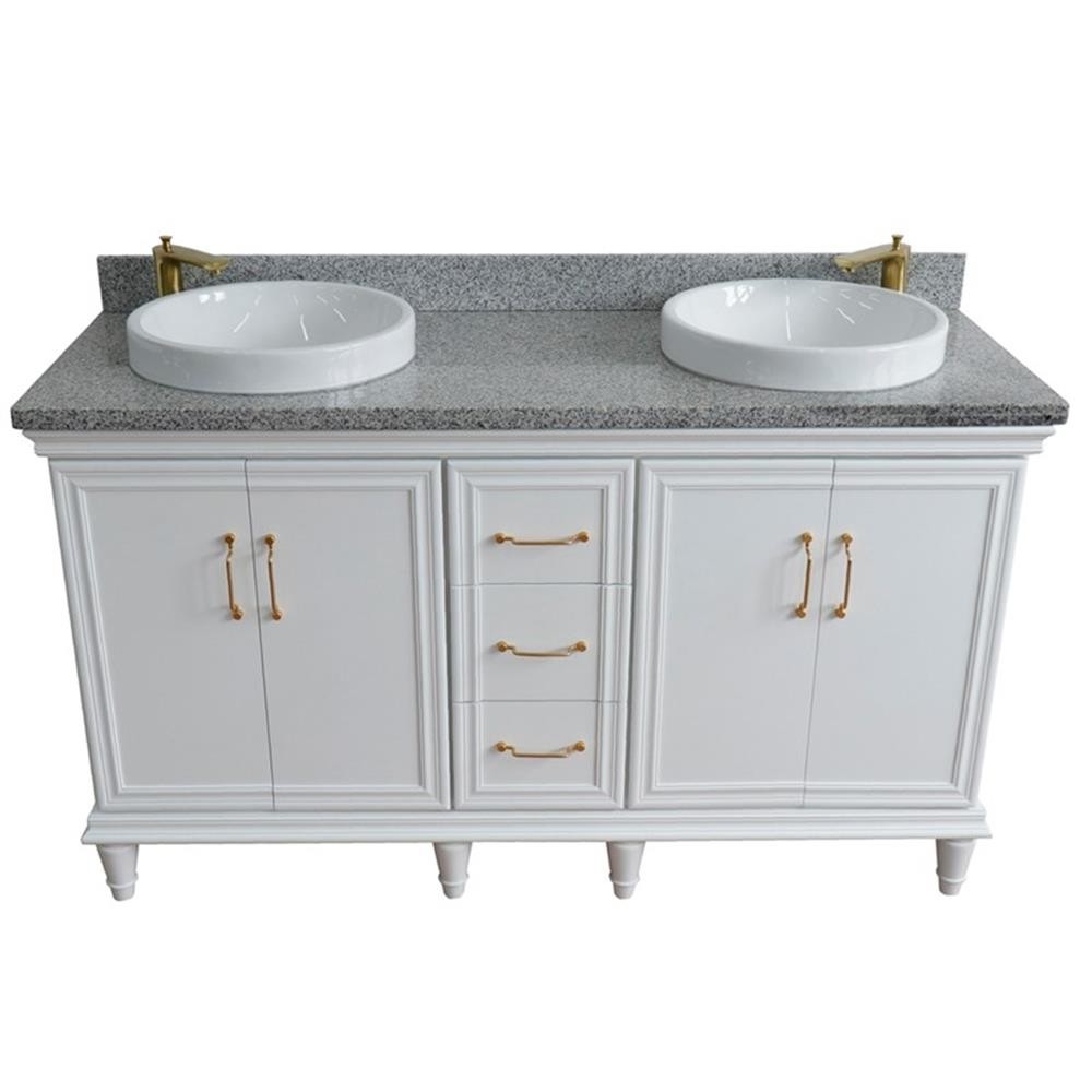 61 in. Double Wooden Vanity White Gray Granite Round Sink