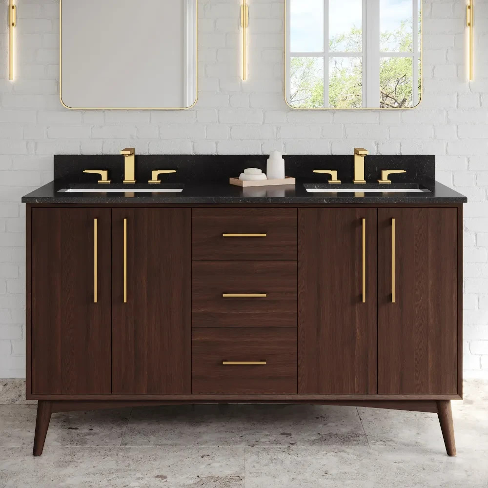 60″ Dashwood Dark Walnut Brown Double Bowl Bathroom Vanity + Black Granite Top
