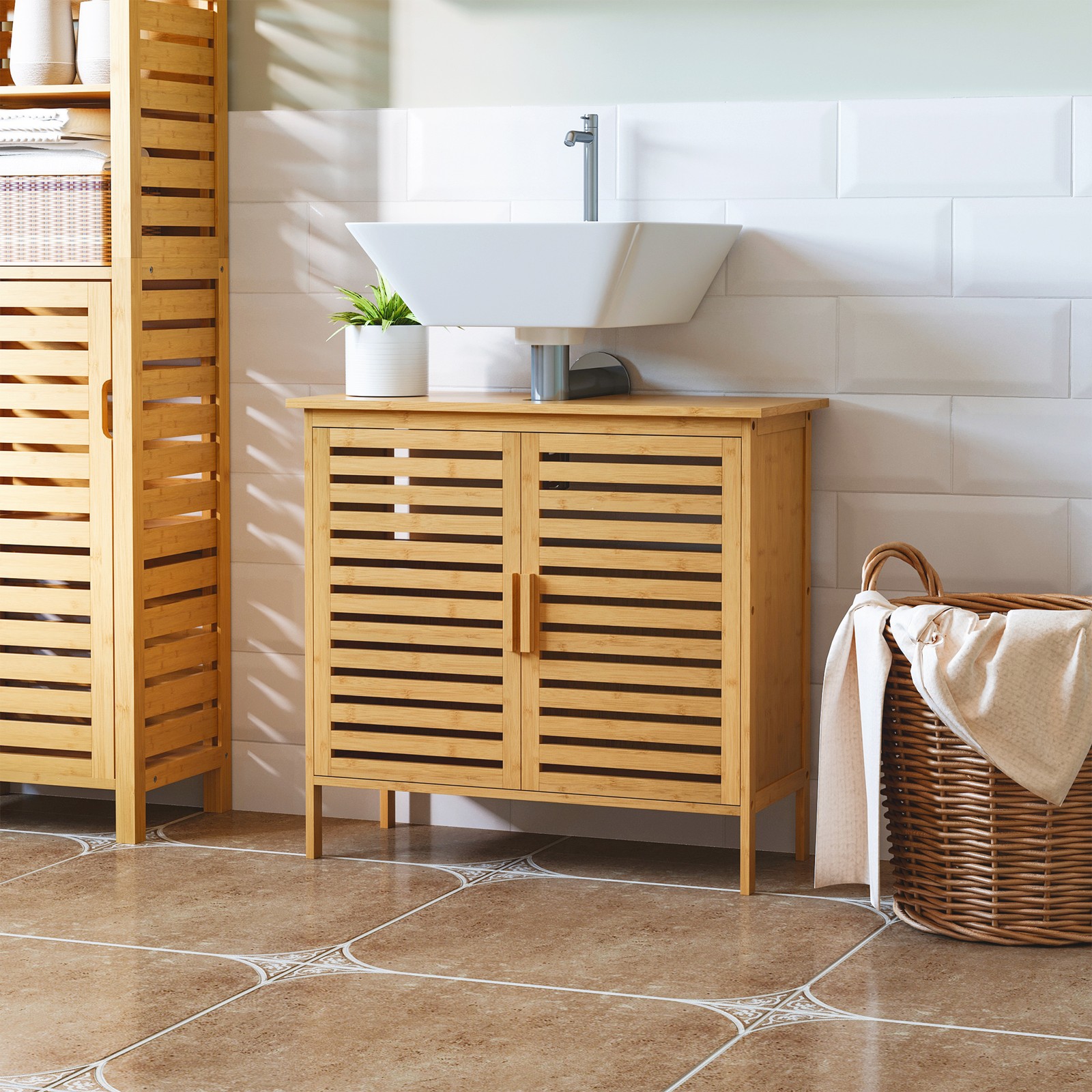 kleankin Freestanding Under Sink Cabinet with 2 Slatted Doors Bamboo Frame