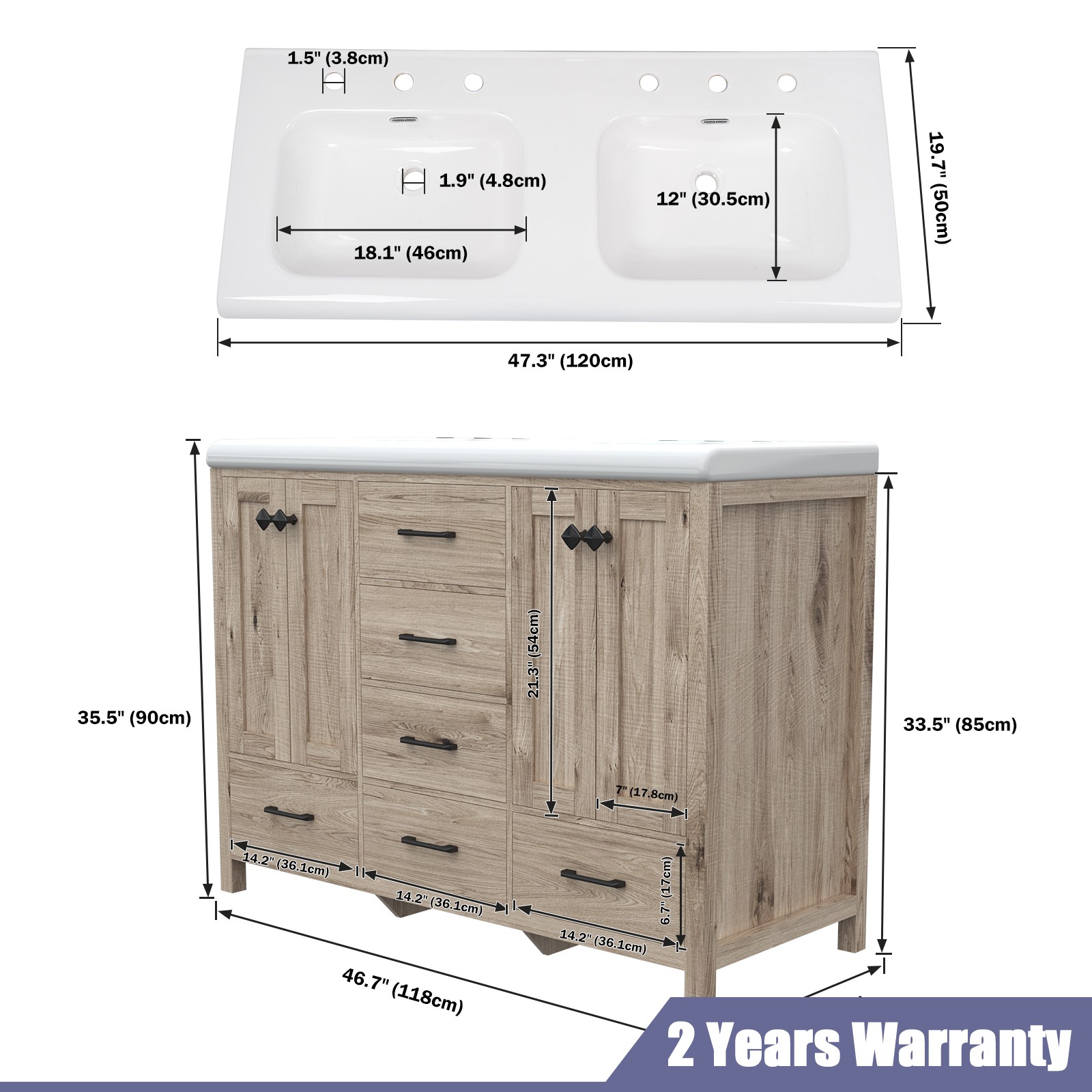 47″ Bathroom Vanity with Ceramic Sink Freestanding Storage Cabinet & 6 Drawers