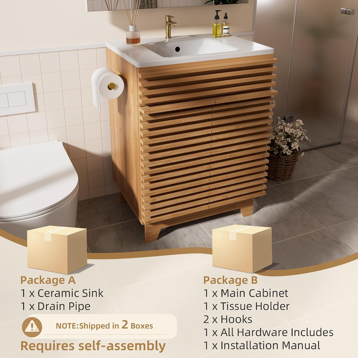 VNN 24″ Natural Oak Fluted Vanity w/ Ceramic Sink Soft-Close Doors Shelves