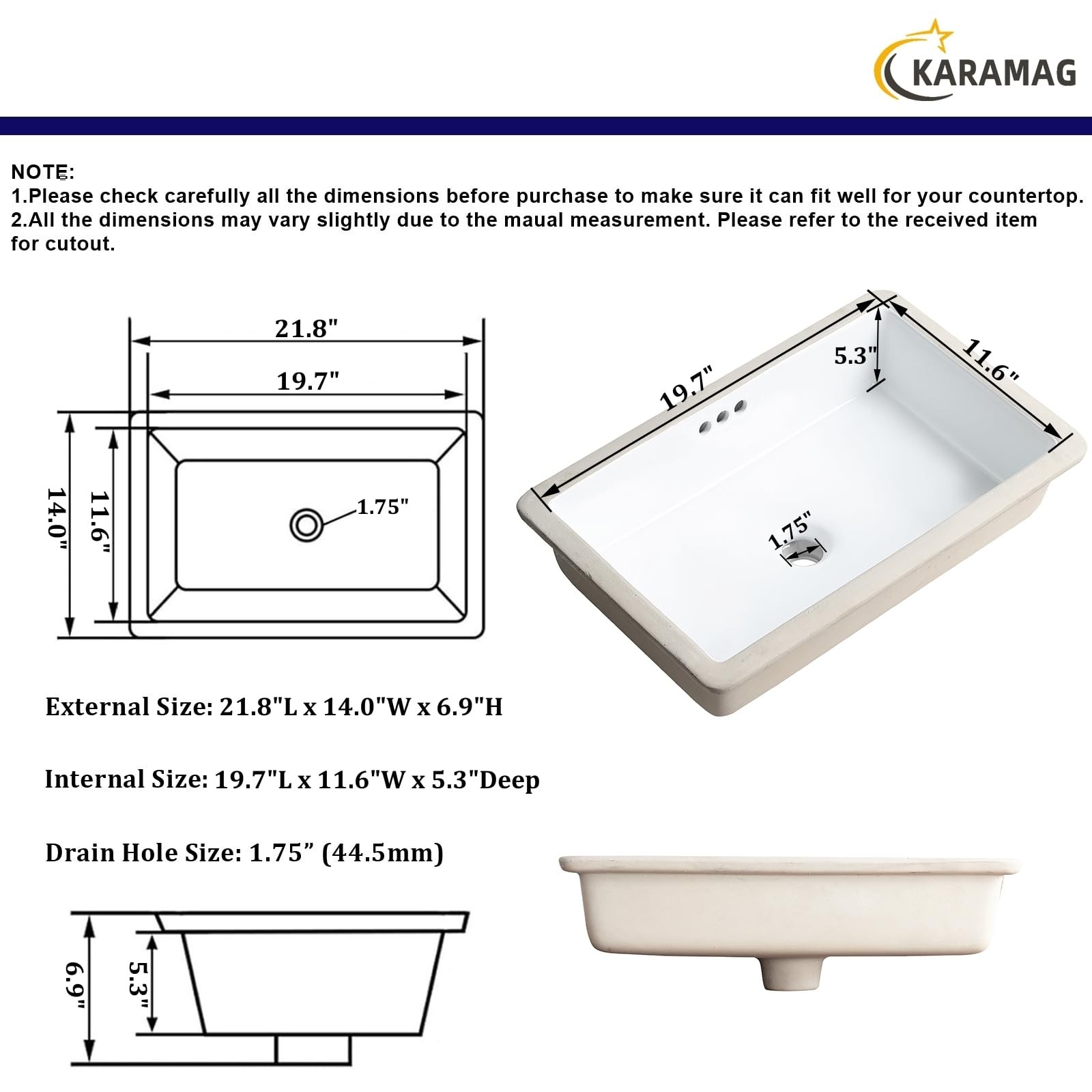 22 Inch Undermount Bathroom Sink Rectangle Undermount Sink White Ceramic Unde…