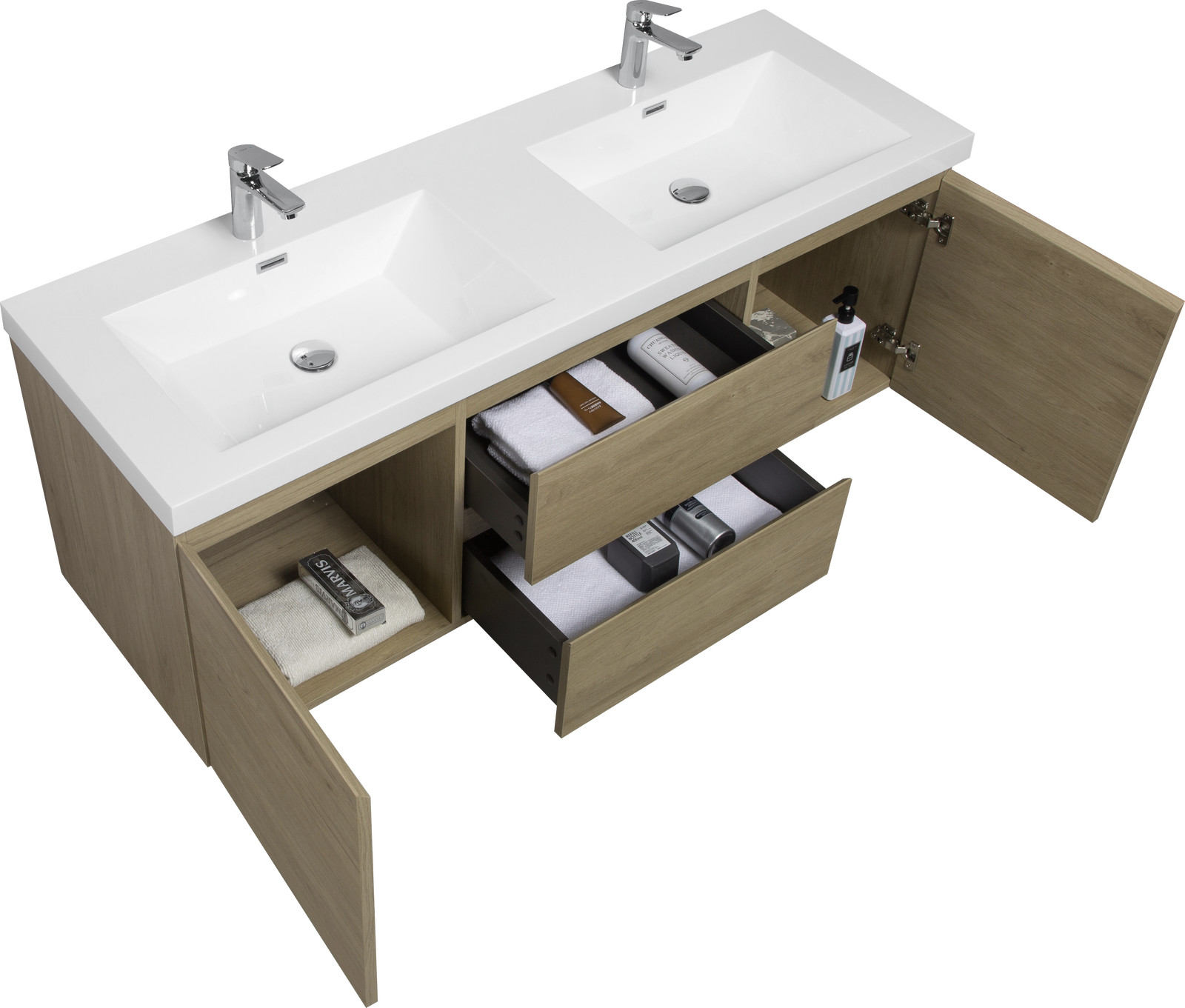 60″ Floating Wall-Mounted Bathroom Vanity 2Drawers Doors Double Resin Basin Sink