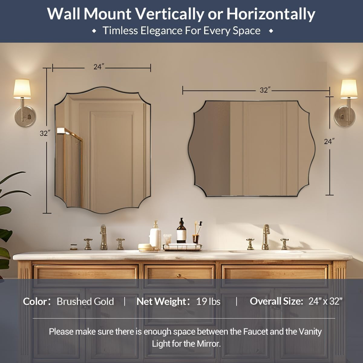 Brushed Nickel Scalloped Bathroom Mirror 24×32″ – Vintage Wavy Edge Design