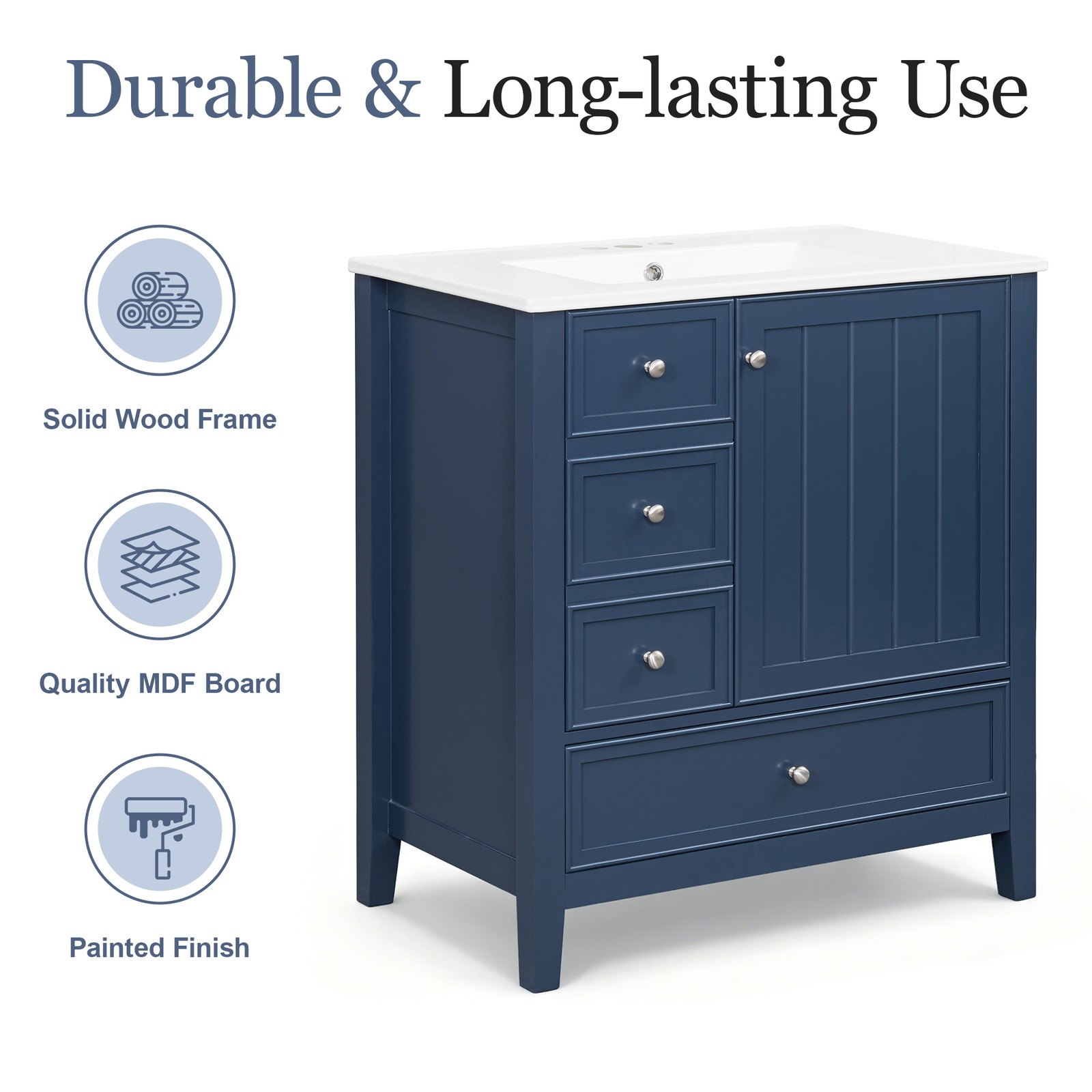 30″ Blue Bathroom Vanity with Sink, 1 Cabinet & 3 Drawers, Solid Wood & MDF