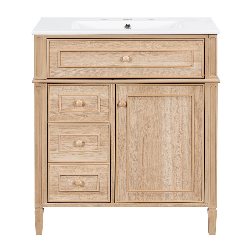 30″ Bathroom Vanity w/Ceramic Sink, Freestanding Bath Vanity Cabinet, 3 Drawers