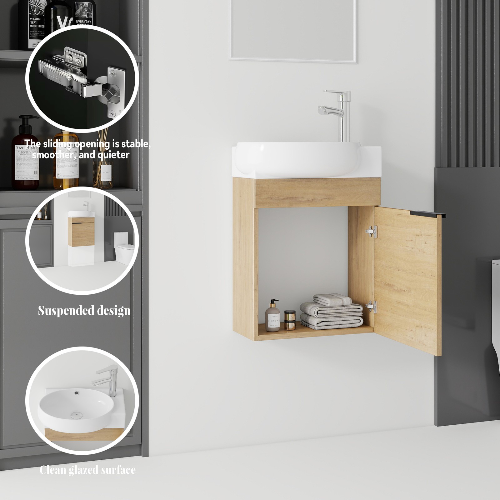 16″ Floating Bathroom Vanity Combo Wall Mounted Plywood Cabinet Oak