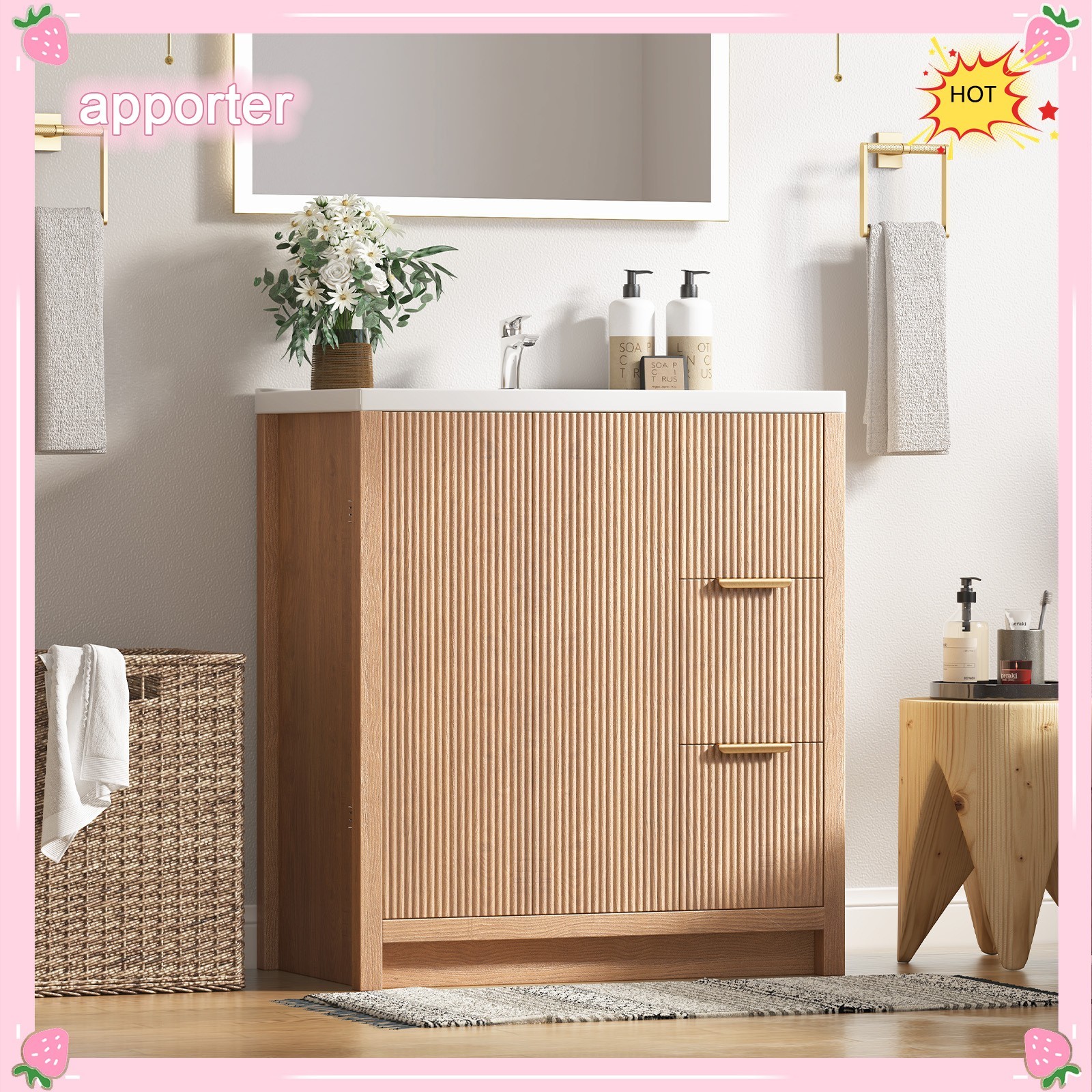 31.5″ Wooden Bathroom Vanity Cabinet with Ceramic Sink Single-Bowl + Drawers USA