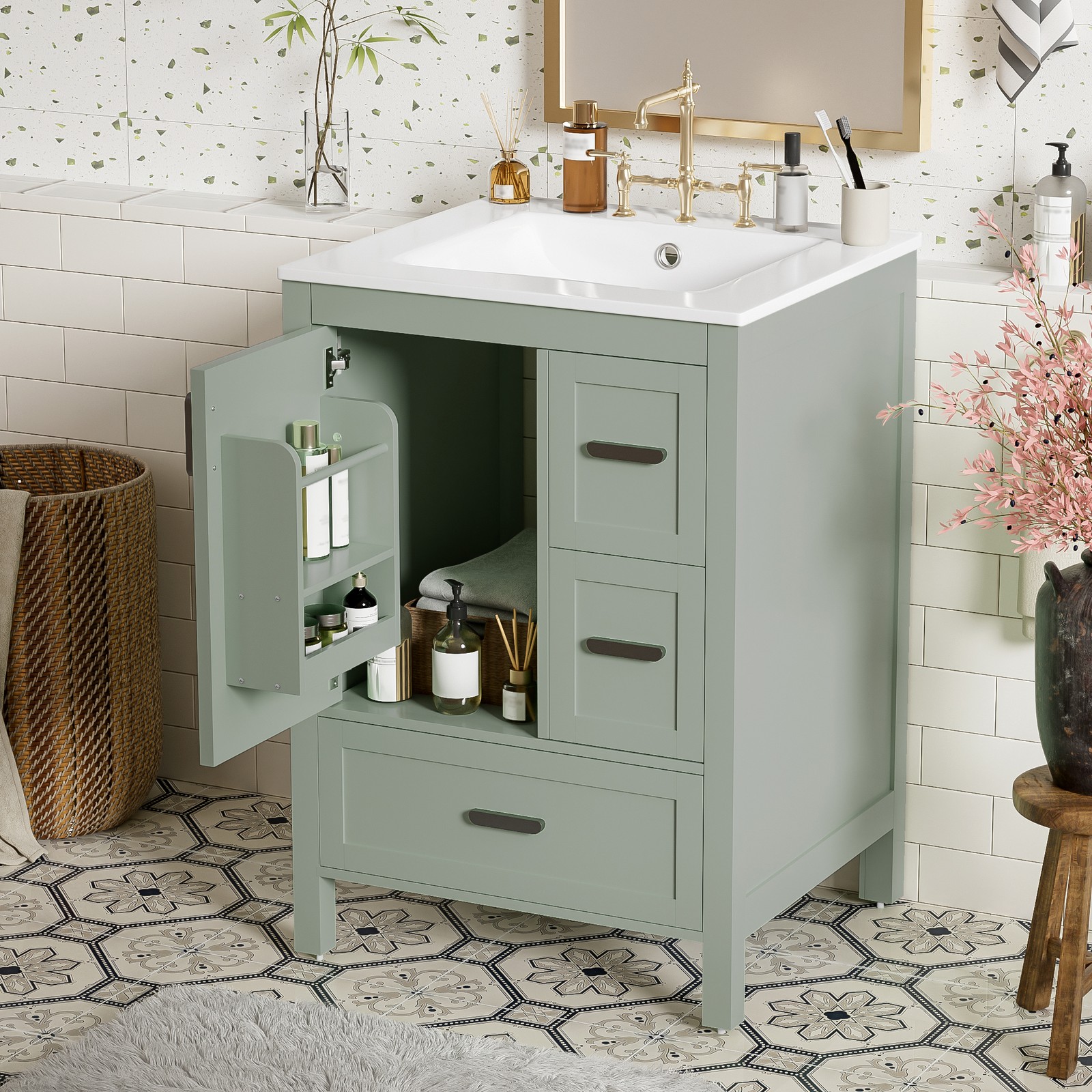24″ Bathroom Vanity w/Ceramic Sink Modern Freestanding Vanity Cabinet w/3 Doors