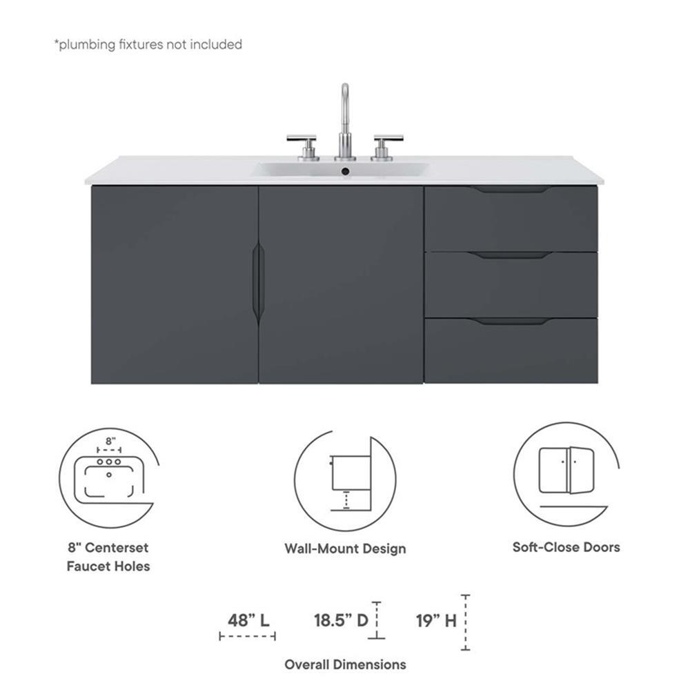Modway Vitality 48″ Single Sink Wood & Ceramic Bathroom Vanity in Gray/White