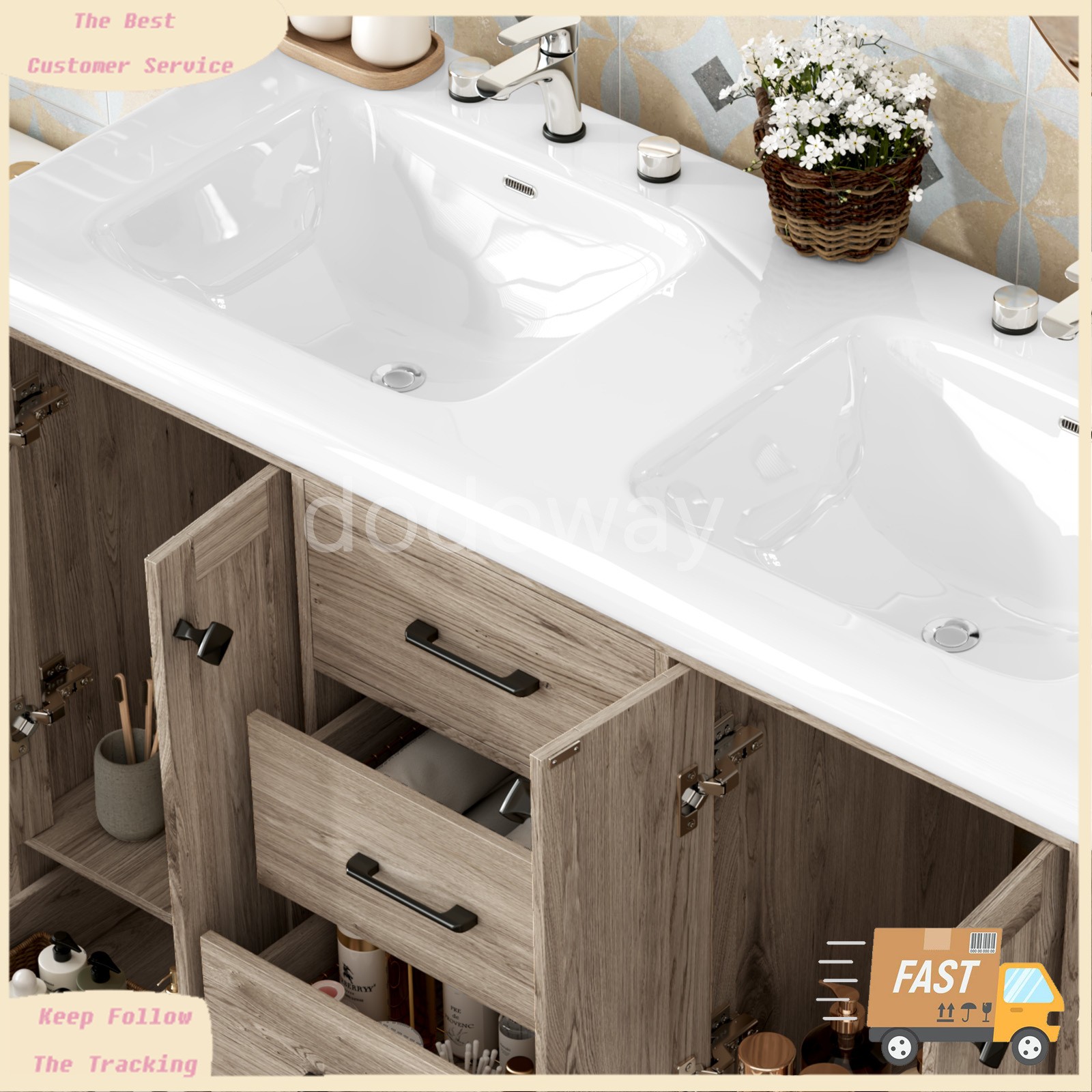 47″ Bathroom Vanity with Ceramic Sink Freestanding Storage Cabinet w/ 6 Drawers