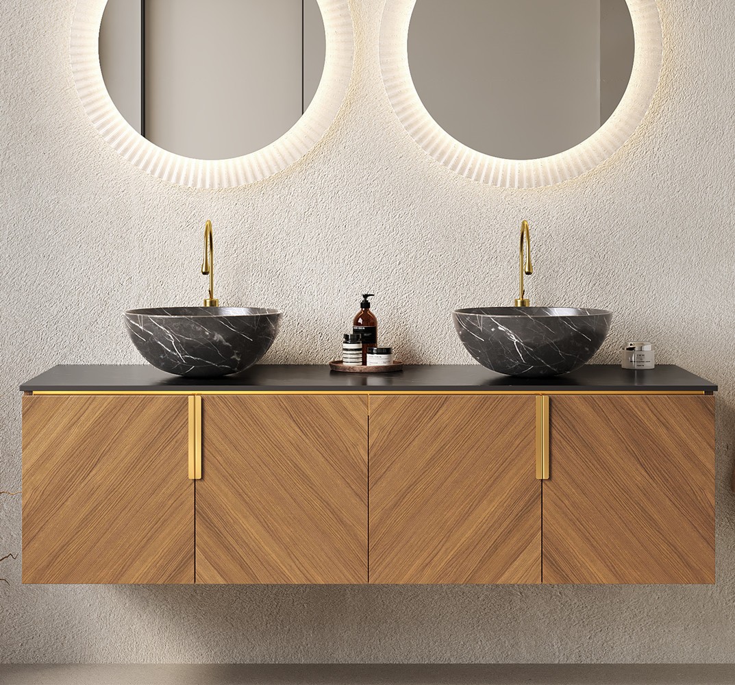 60″ Wall Mounted Bathroom Vanity w/Double Round Sink, Floating Cabinet, 4 Doors