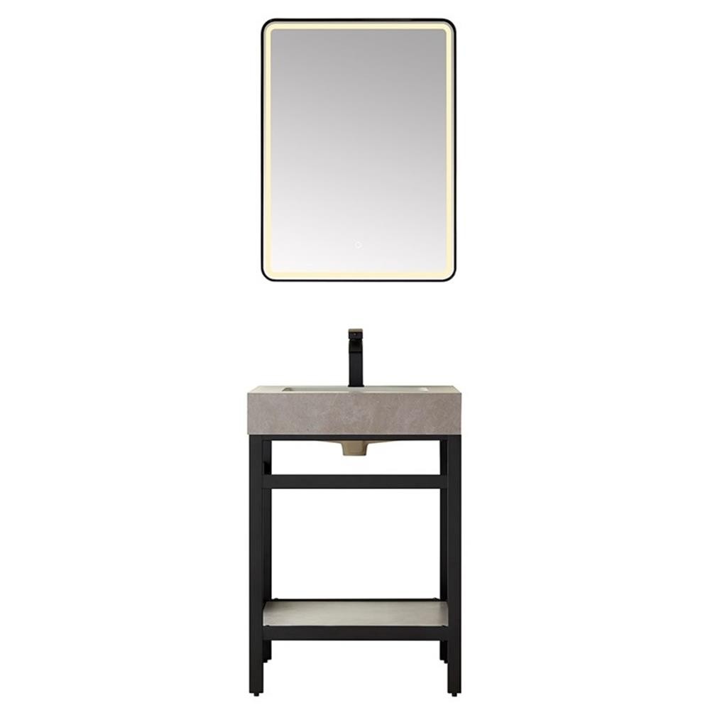 Funes 24″ Single Sink Bathroom Vanity in Matte Black Frame Gray Top w/ Mirror