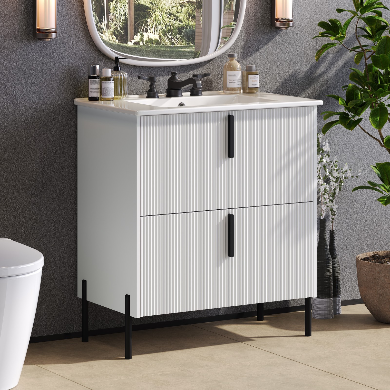 30″ Bathroom Vanity w/Ceramic Sink&Full-Extension Drawers Modern Storage Cabinet