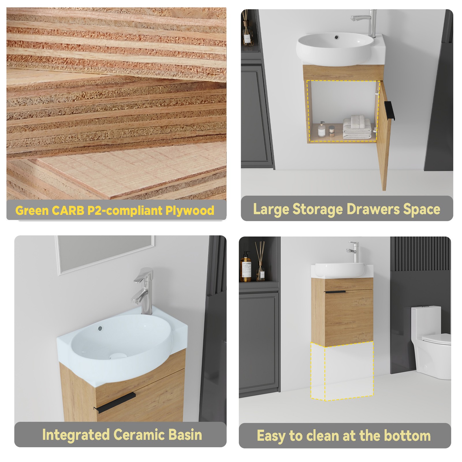 16″ Floating Bathroom Vanity Combo Wall Mounted Plywood Cabinet Oak