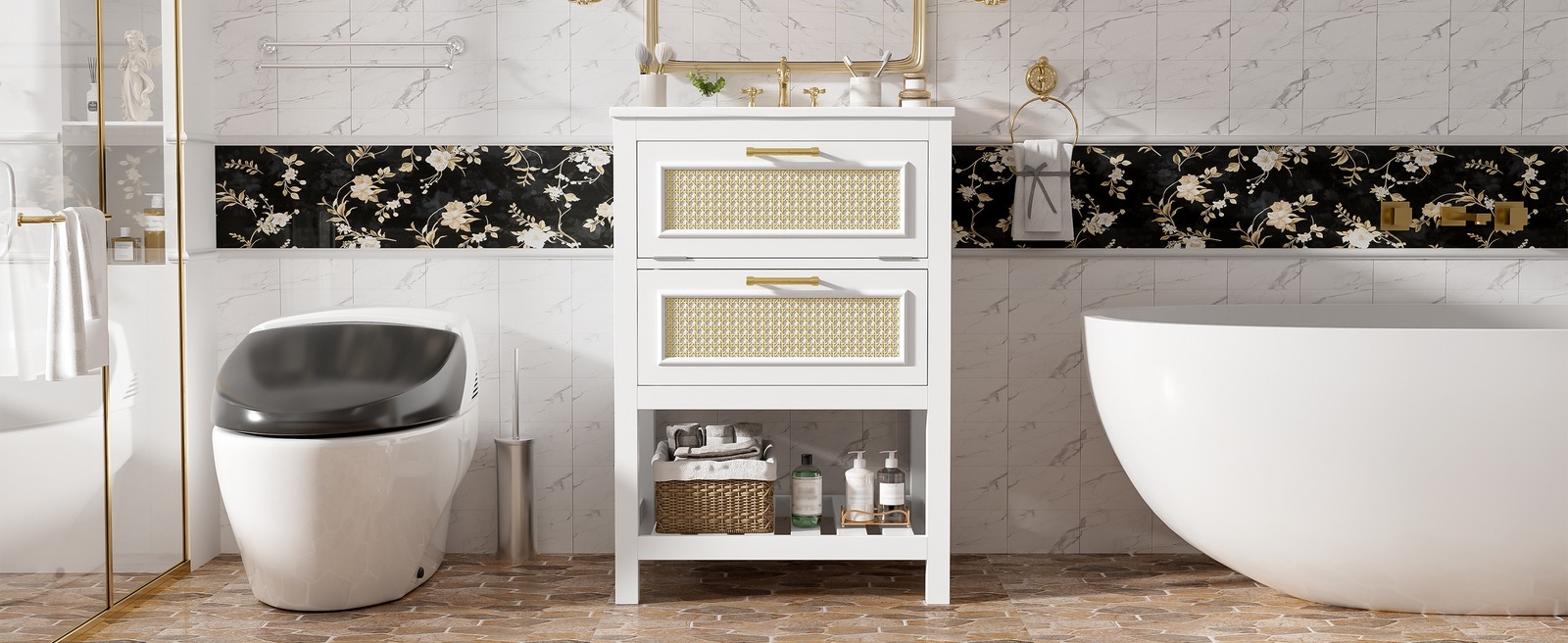 24″ White Bathroom Vanity with Ceramic Sink and 2 Drawers