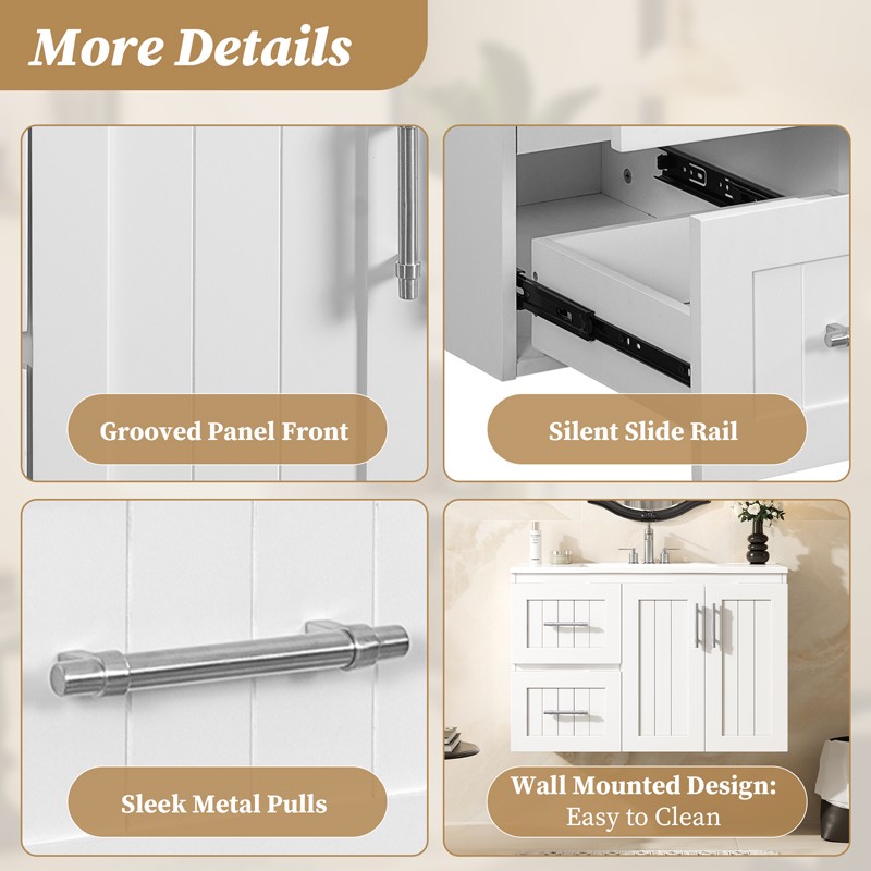 36″ Wall Mounted Bathroom Vanity w/Sink,Floating Vanity Cabinet,2 Drawers, Doors