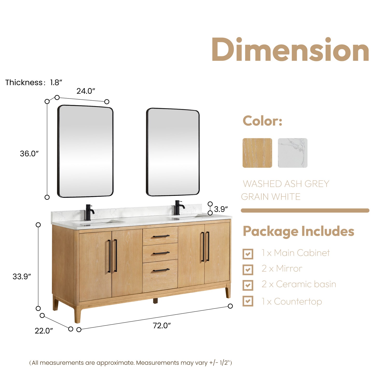 Gara 72″ Double Bath Vanity in Washed Ash Grey w/ White Grain Composite & Mirror