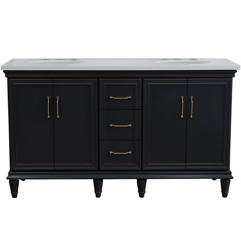 Pemberly Row 61 in. Double Wooden Vanity Dark Gray White Quartz Oval Sink