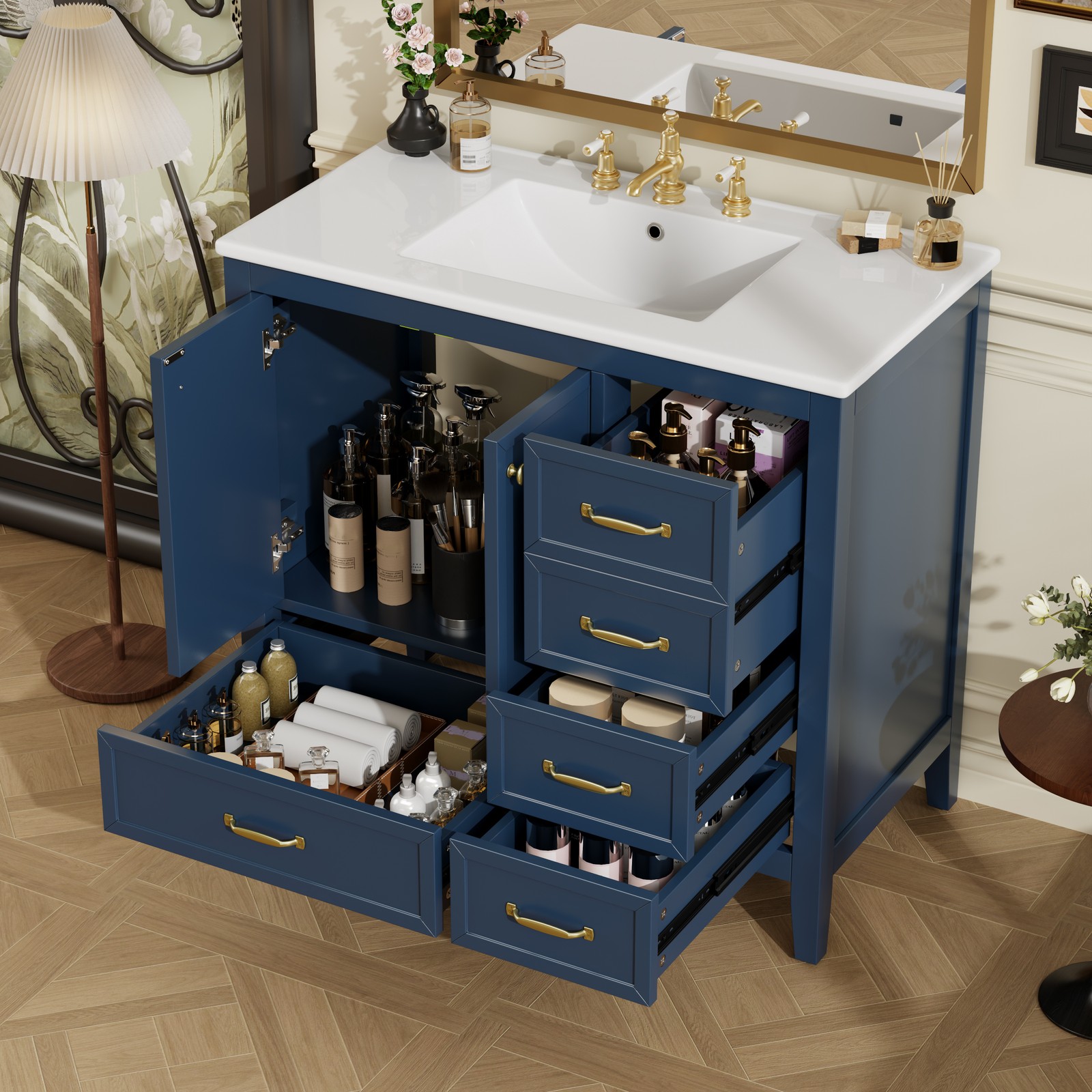 36″ Bathroom Vanity with Sink & Soft-Closing Doors, Blue