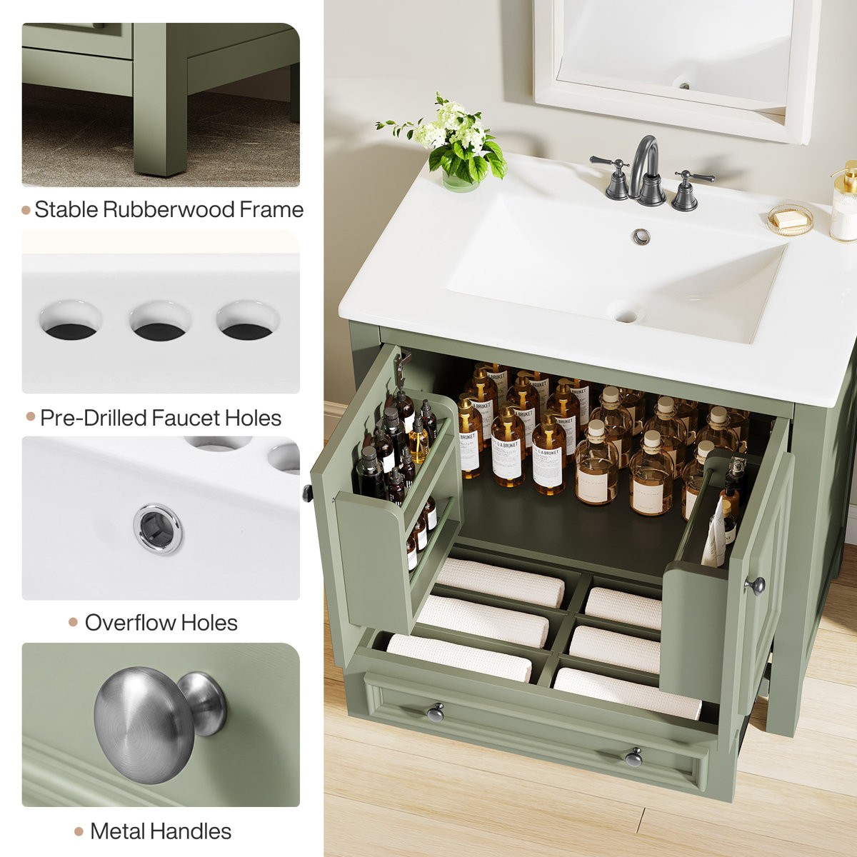 30″Bathroom Vanity Freestanding with Ceramic Sink, Storage Cabinet, Pop Up Drain