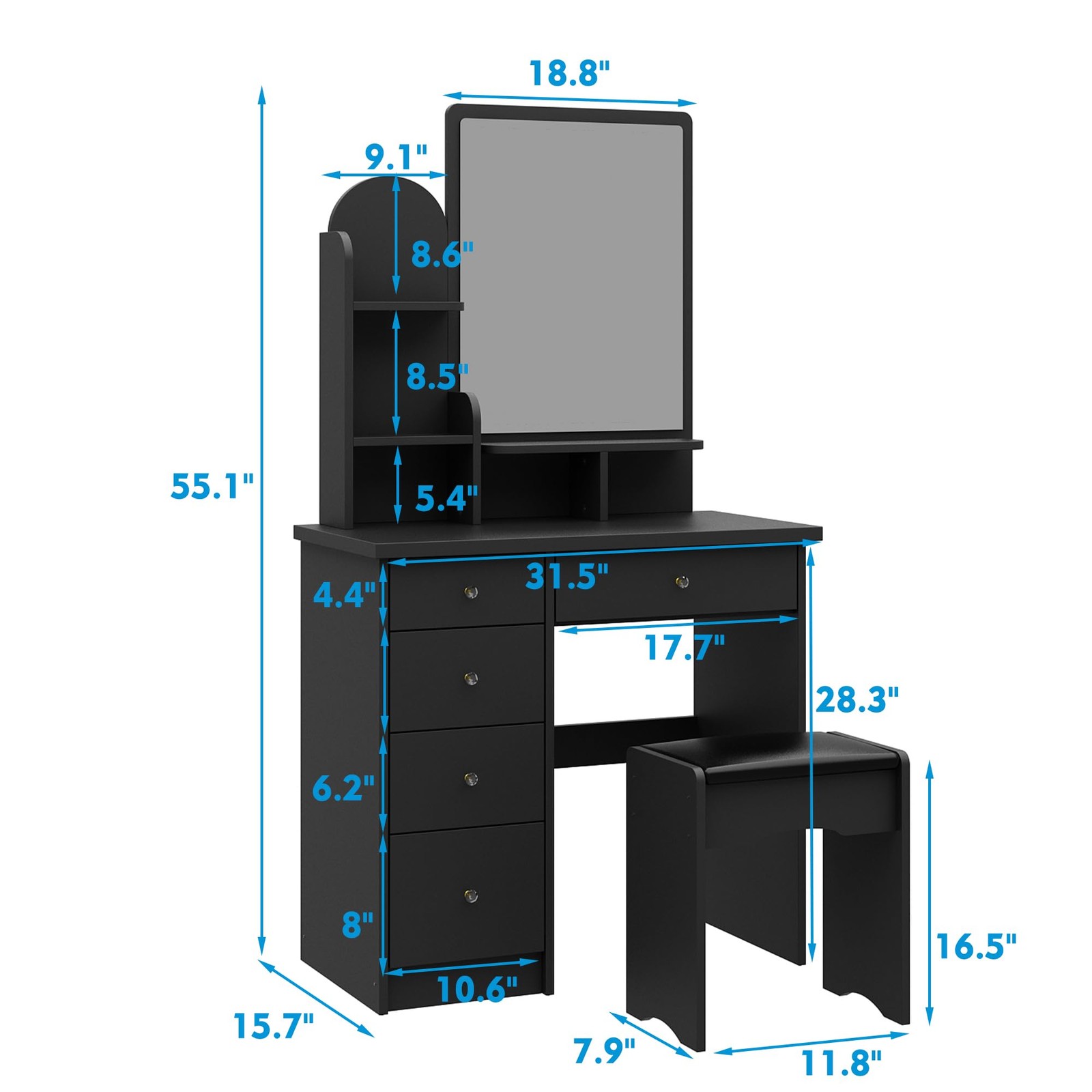 Black Vanity Set with Mirror 5 Drawers Shelves Cushioned Stool